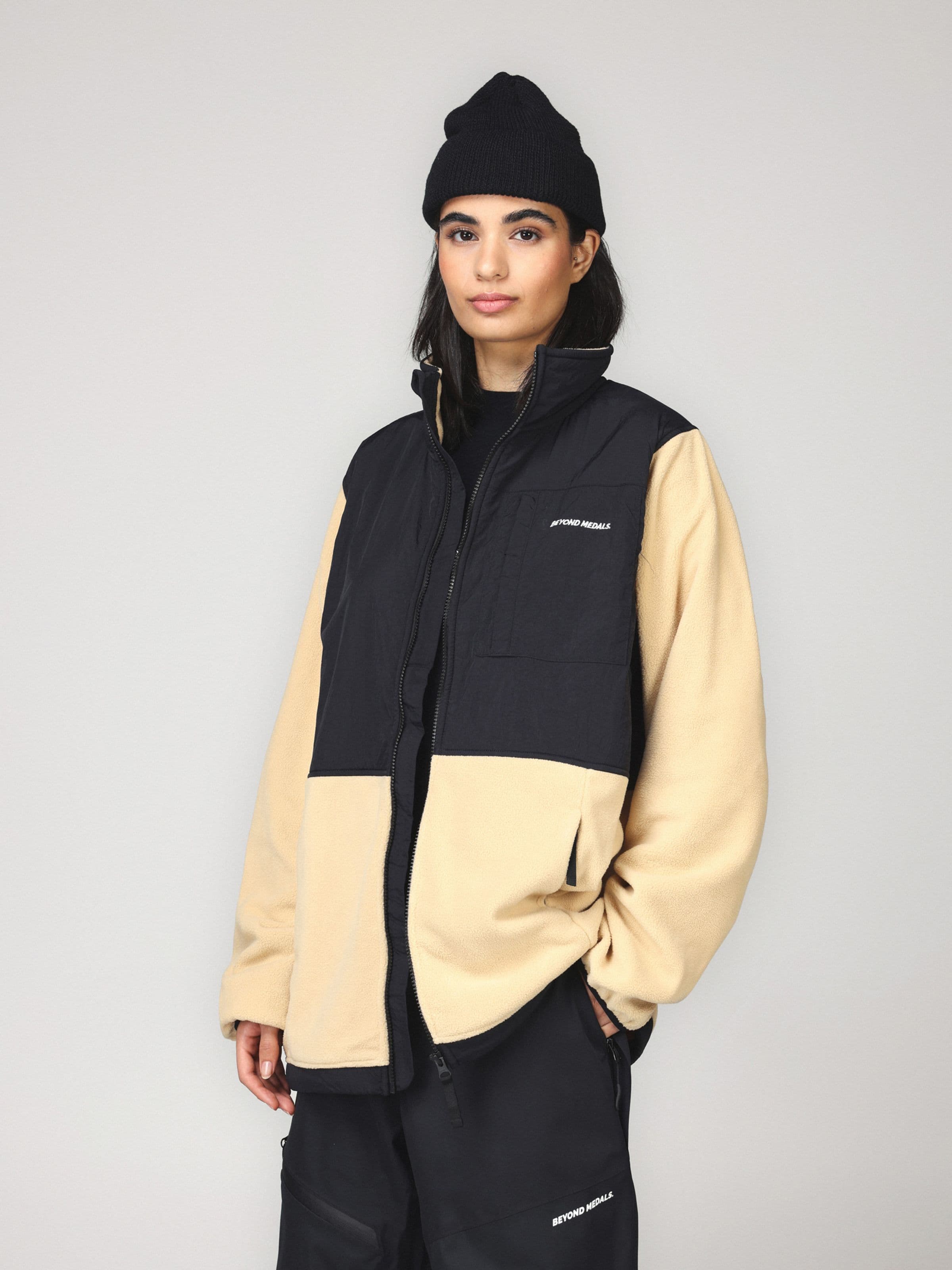 Outwear apparel, Fleece Jacket in beige worn by model, Beyond Medals, 2024