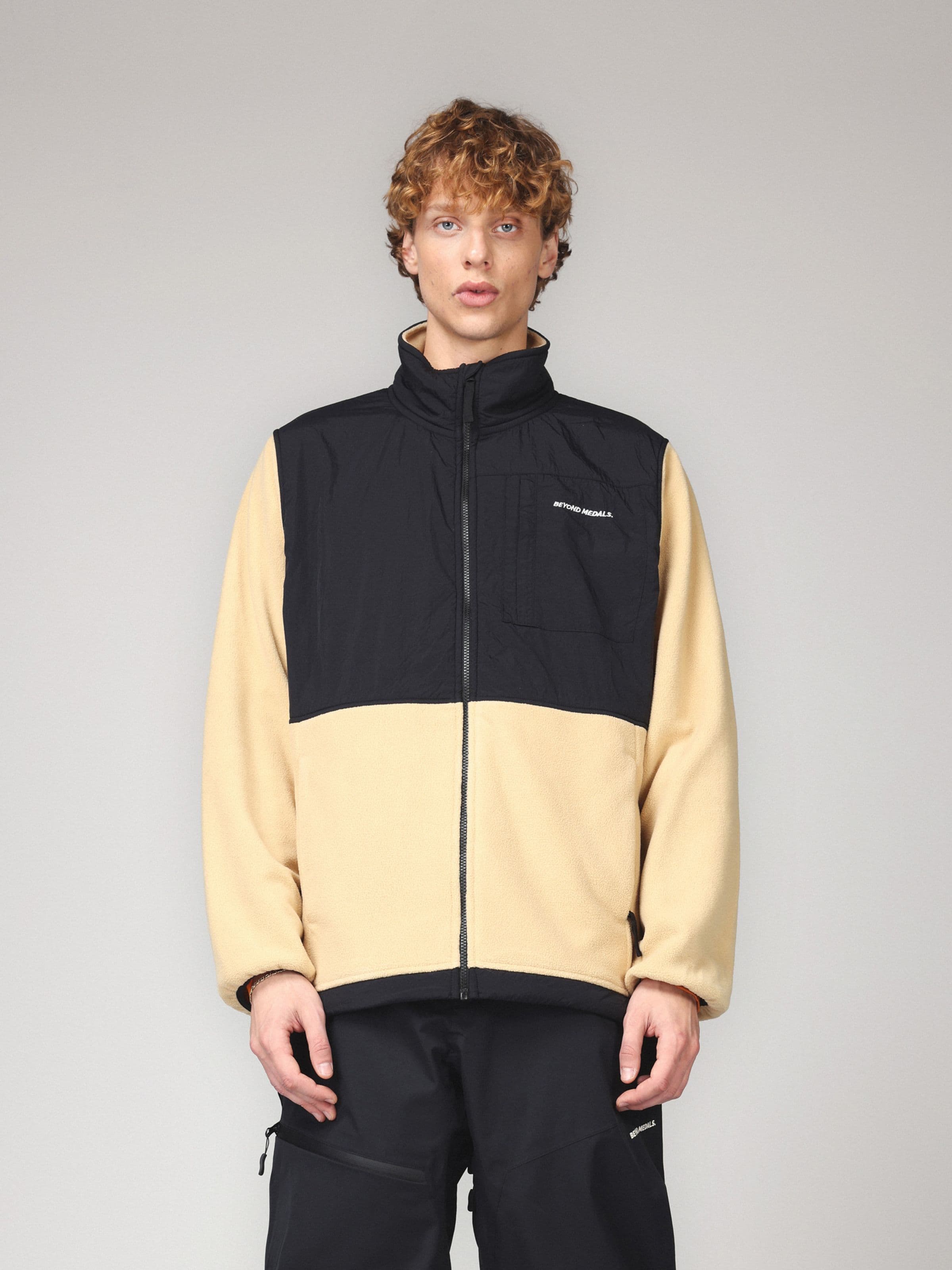 Outwear clothes, Fleece Jacket in beige worn by model, Beyond Medals, 2024
