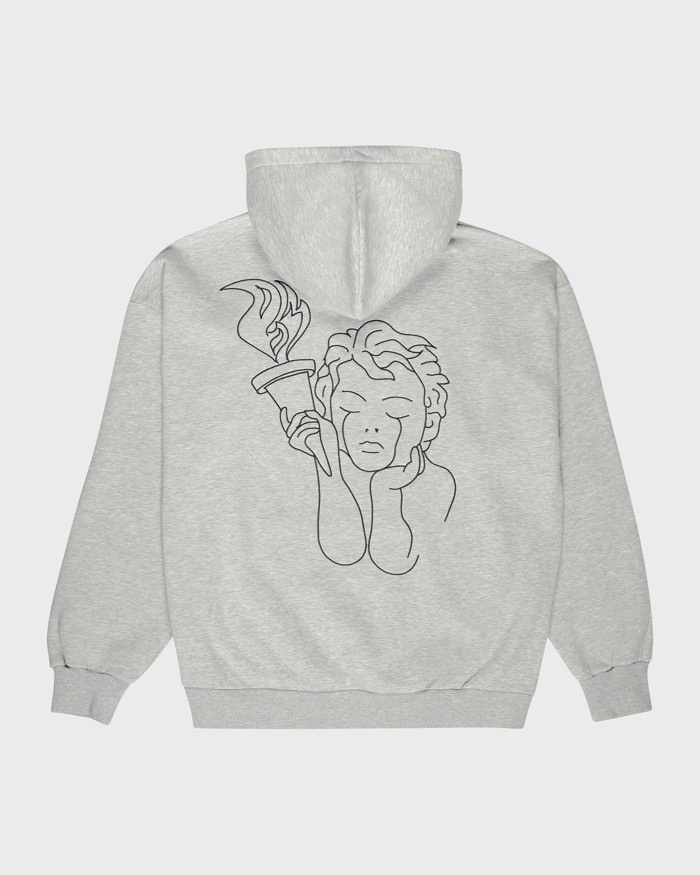 Streetwear hoodie, Angel Hoodie in gray worn by model, Beyond Medals, 2023