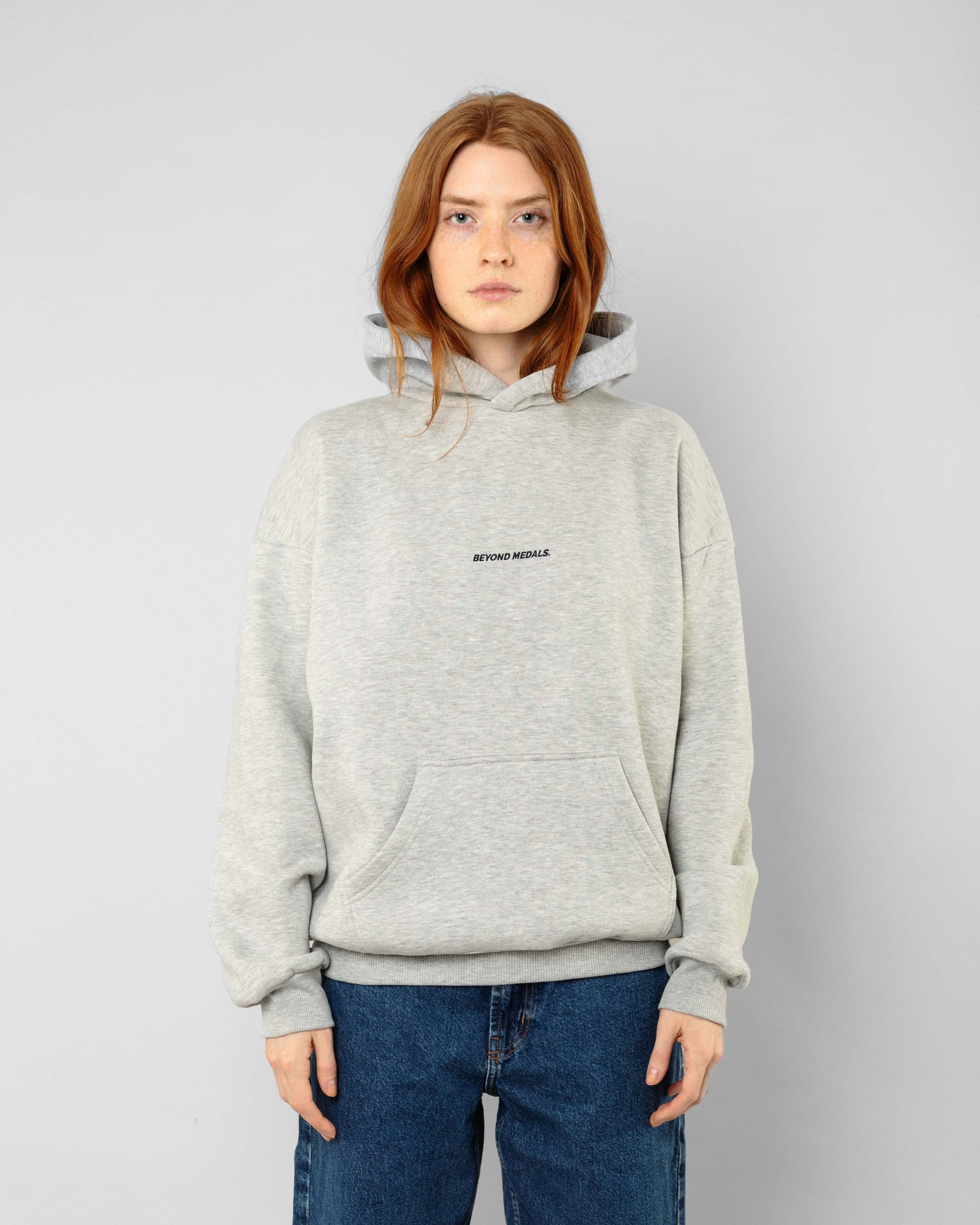 Streetwear hoodies, Angel Hoodie in gray worn by model, Beyond Medals, 2023