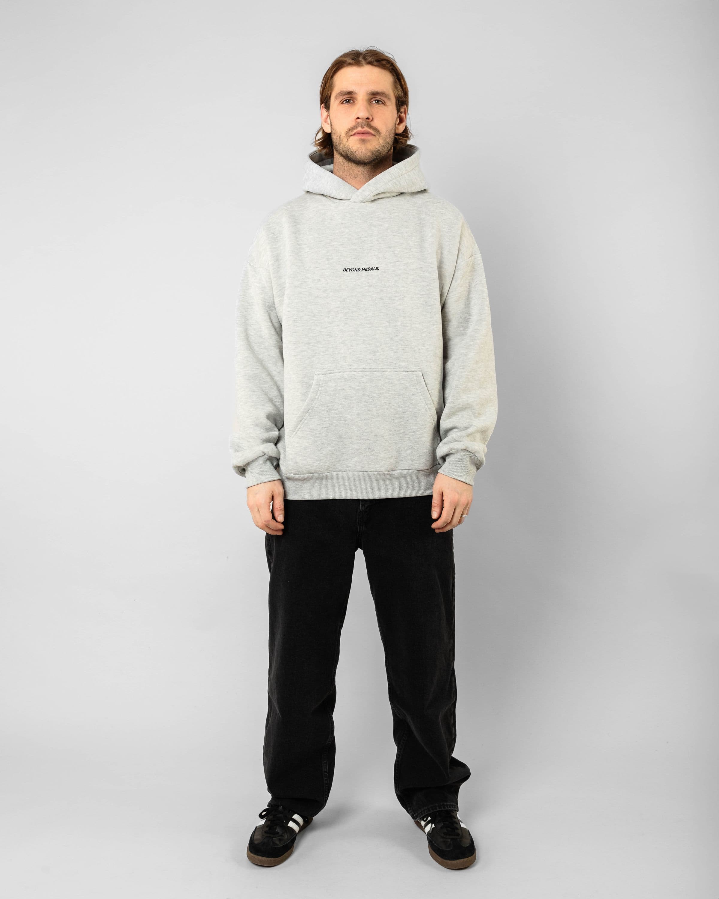 Streetwear hoodies, Angel Hoodie in gray worn by model, Beyond Medals, 2023