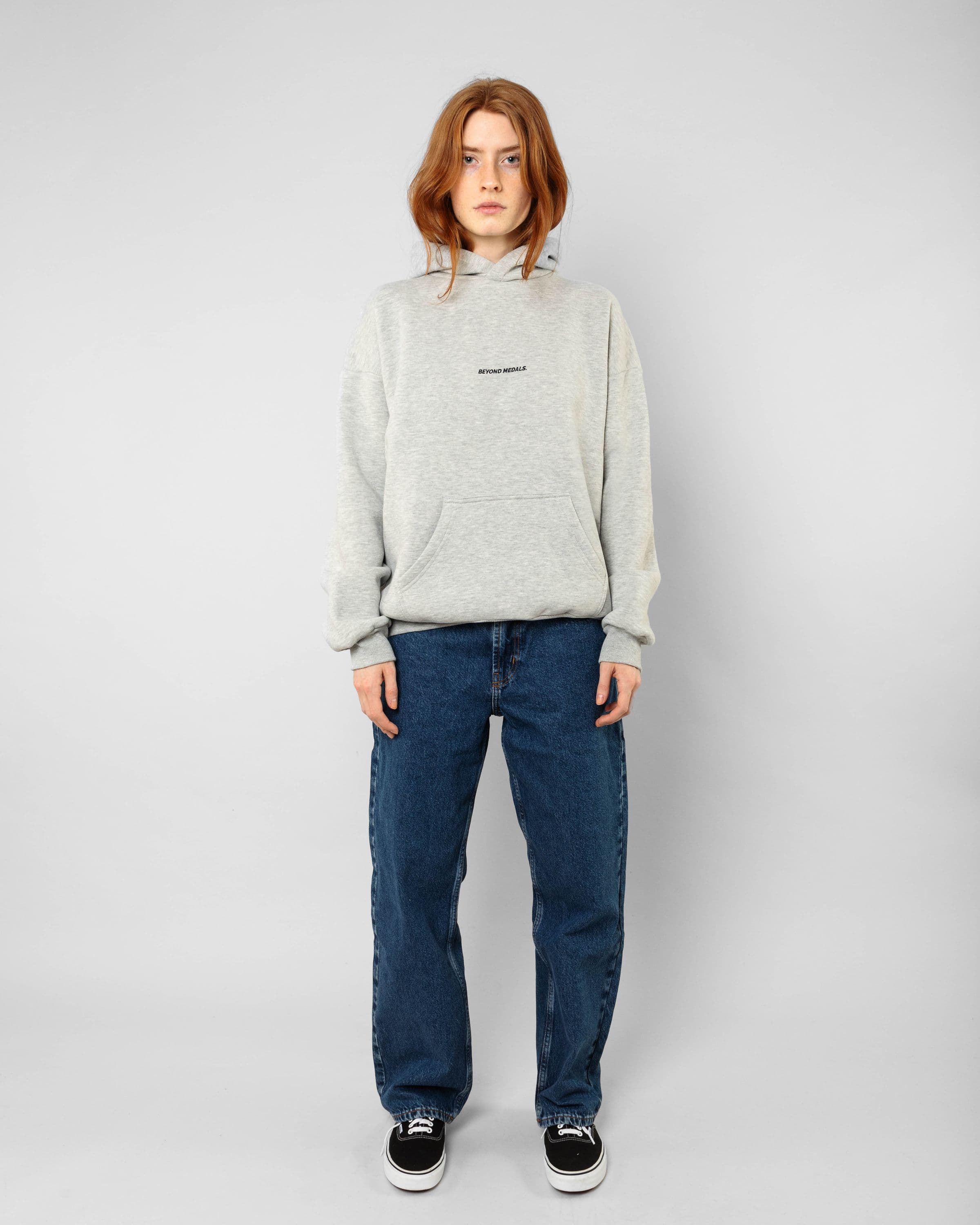 Streetwear hoodies, Angel Hoodie in gray worn by model, Beyond Medals, 2023