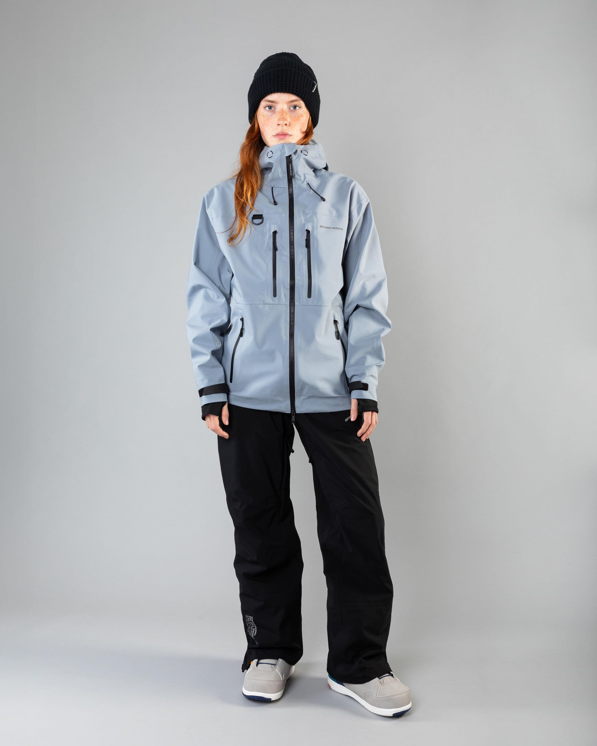 Outerwear clothing, pro tech jacket 3l in pale blue worn by model, Beyond Medals, 2024, full front 1