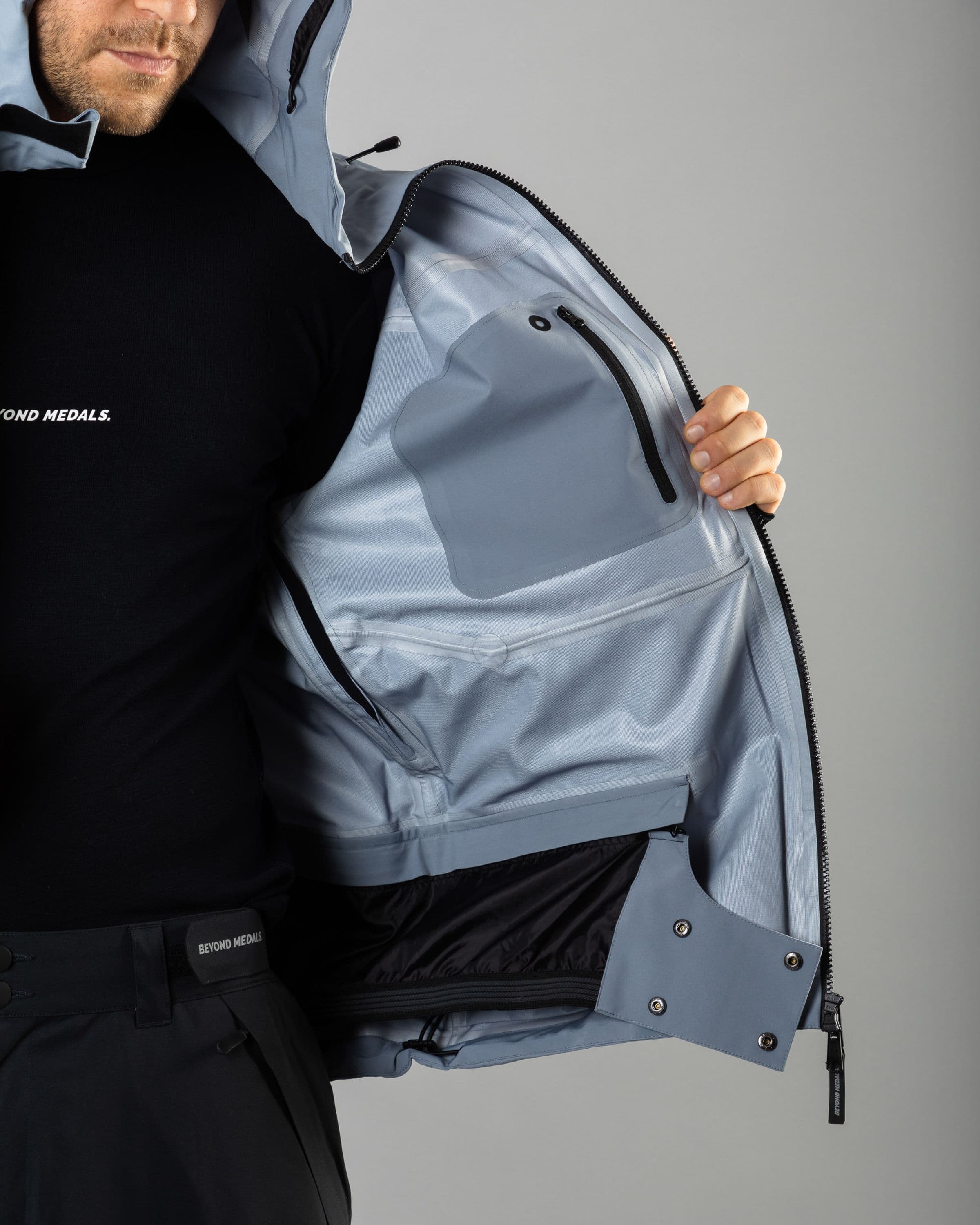 Outerwear clothing, pro tech jacket 3l in pale blue worn by TOR LUNDSTRÖM, Beyond Medals, 2024, detail8