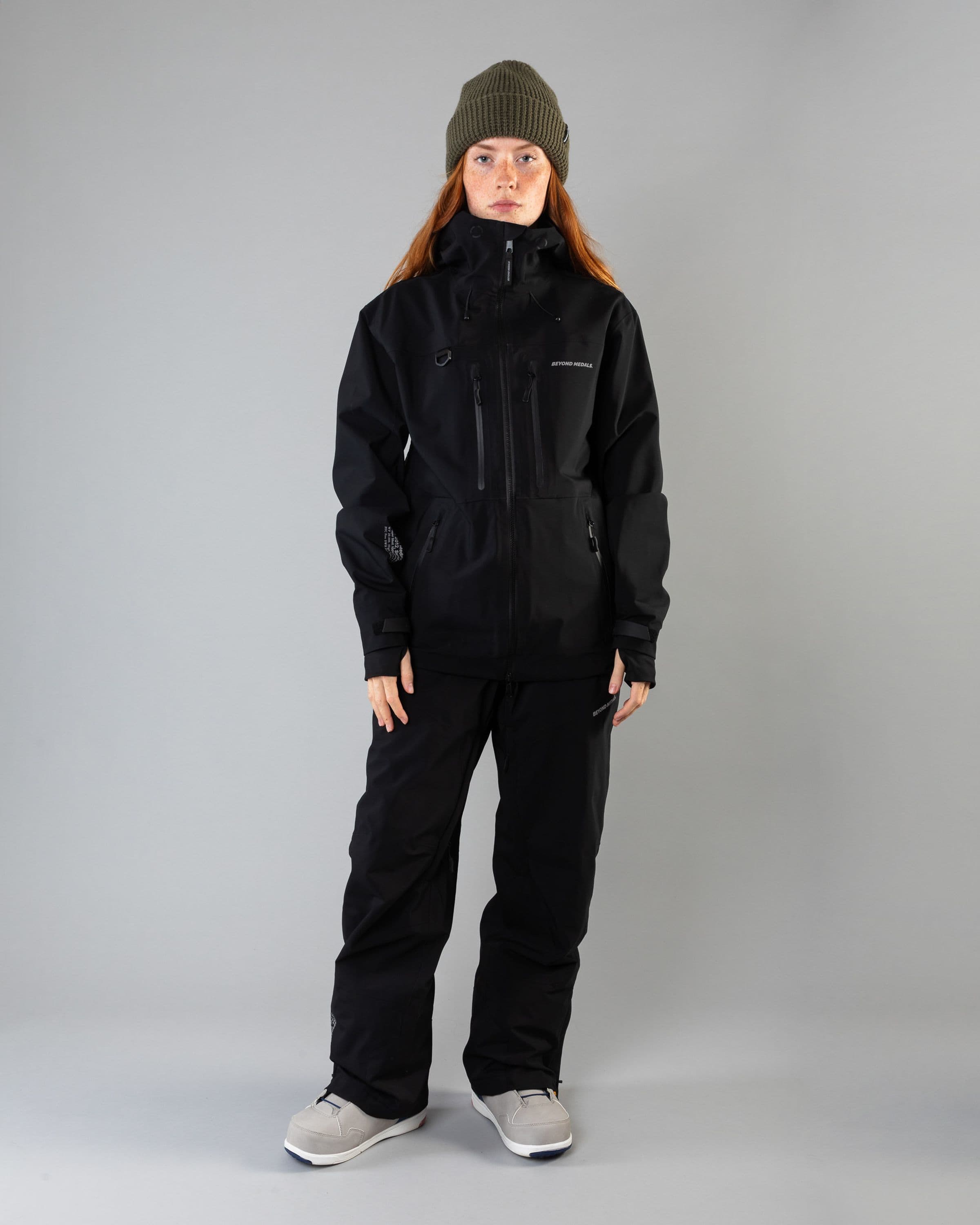Outerwear clothing, pro tech jacket 3l in black worn by model, Beyond Medals, 2024, full front