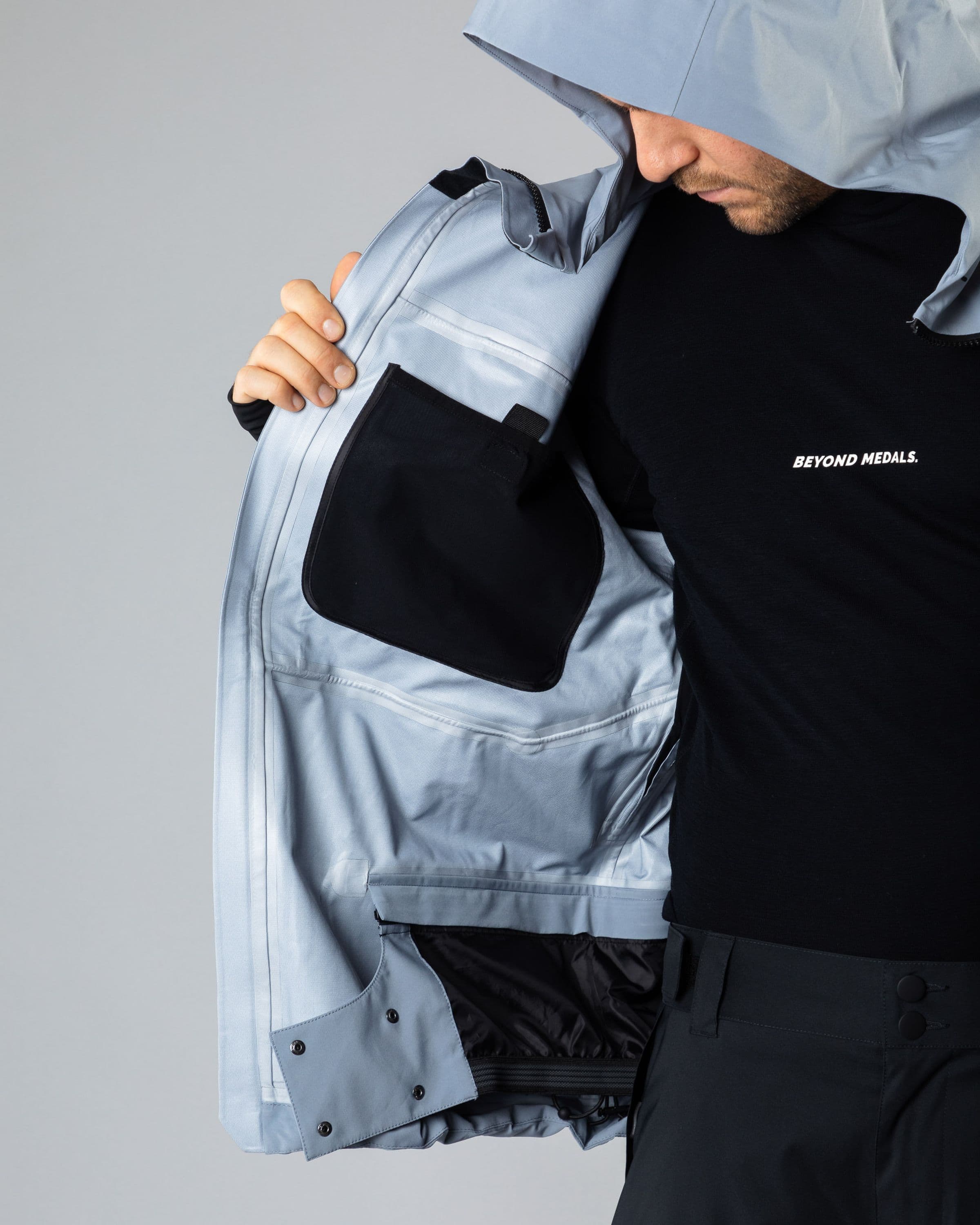 Outerwear clothing, pro tech jacket 3l in pale blue worn by TOR LUNDSTRÖM, Beyond Medals, 2024, detail7