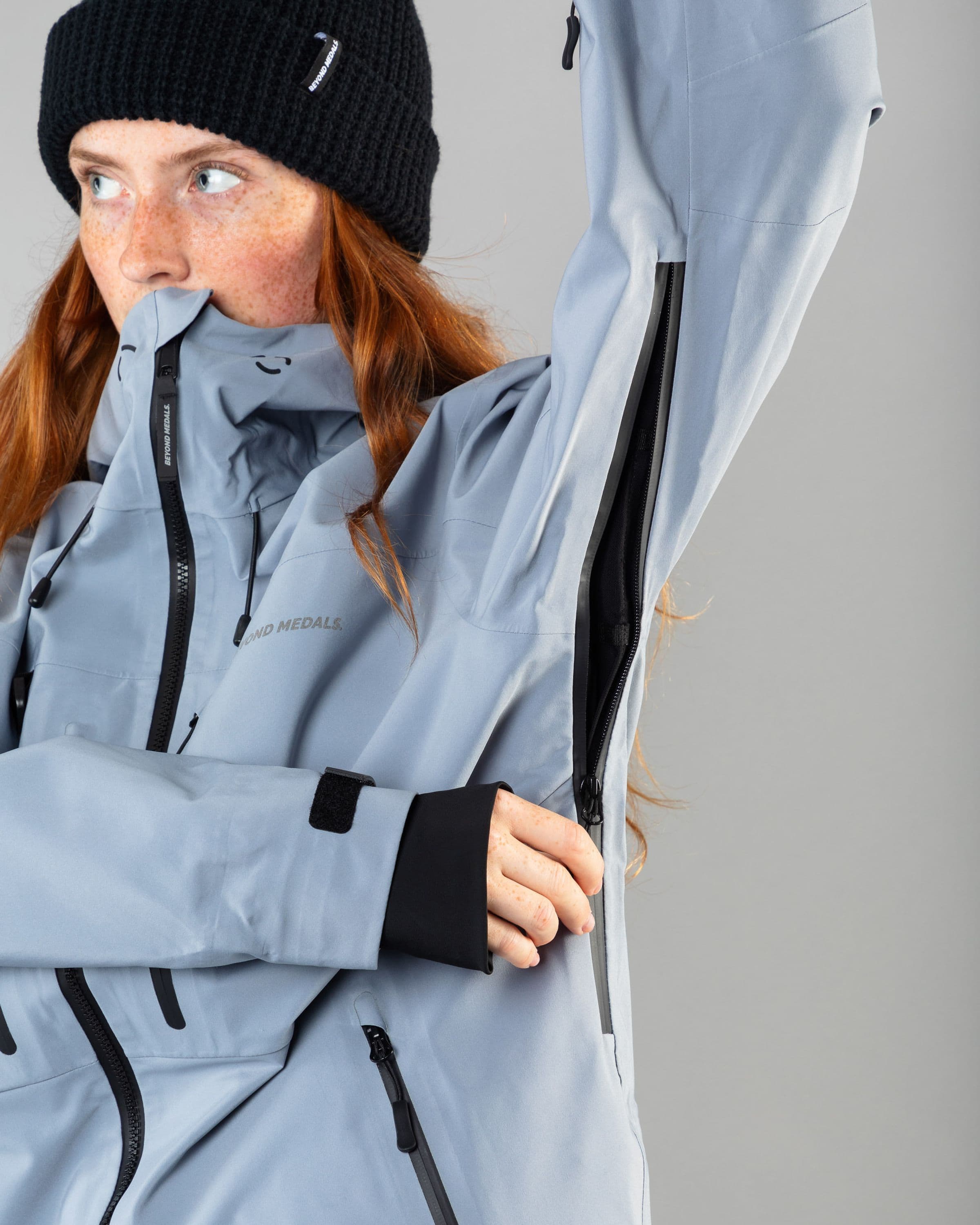 Outerwear clothing, pro tech jacket 3l in pale blue worn by model, Beyond Medals, 2024, detail1