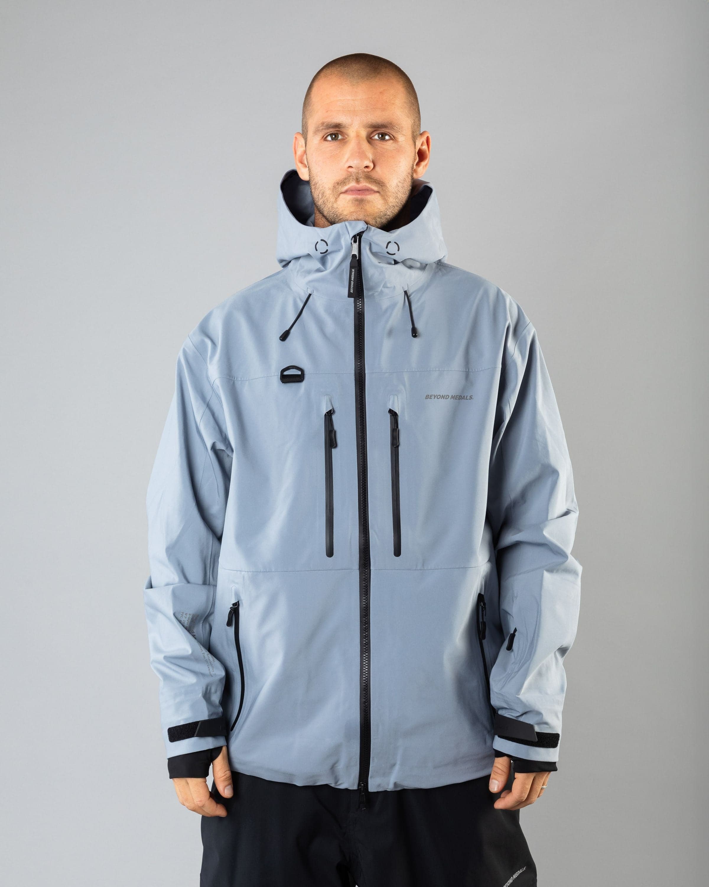 Outerwear clothing, pro tech jacket 3l in pale blue worn by TOR LUNDSTRÖM, Beyond Medals, 2024, front