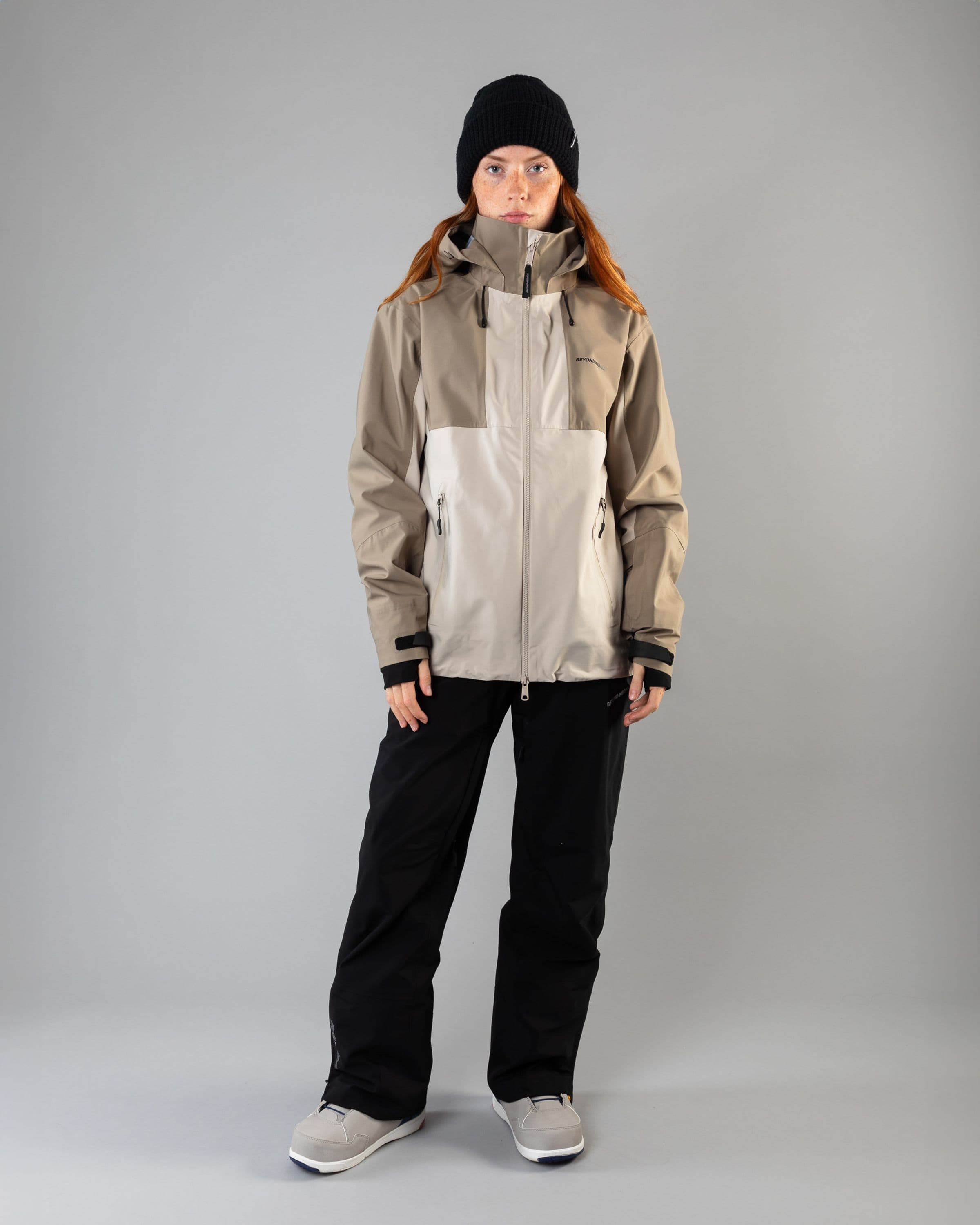 Outerwear clothing, tech jacket 3l in lt.beige worn by model, Beyond Medals, 2024, full front