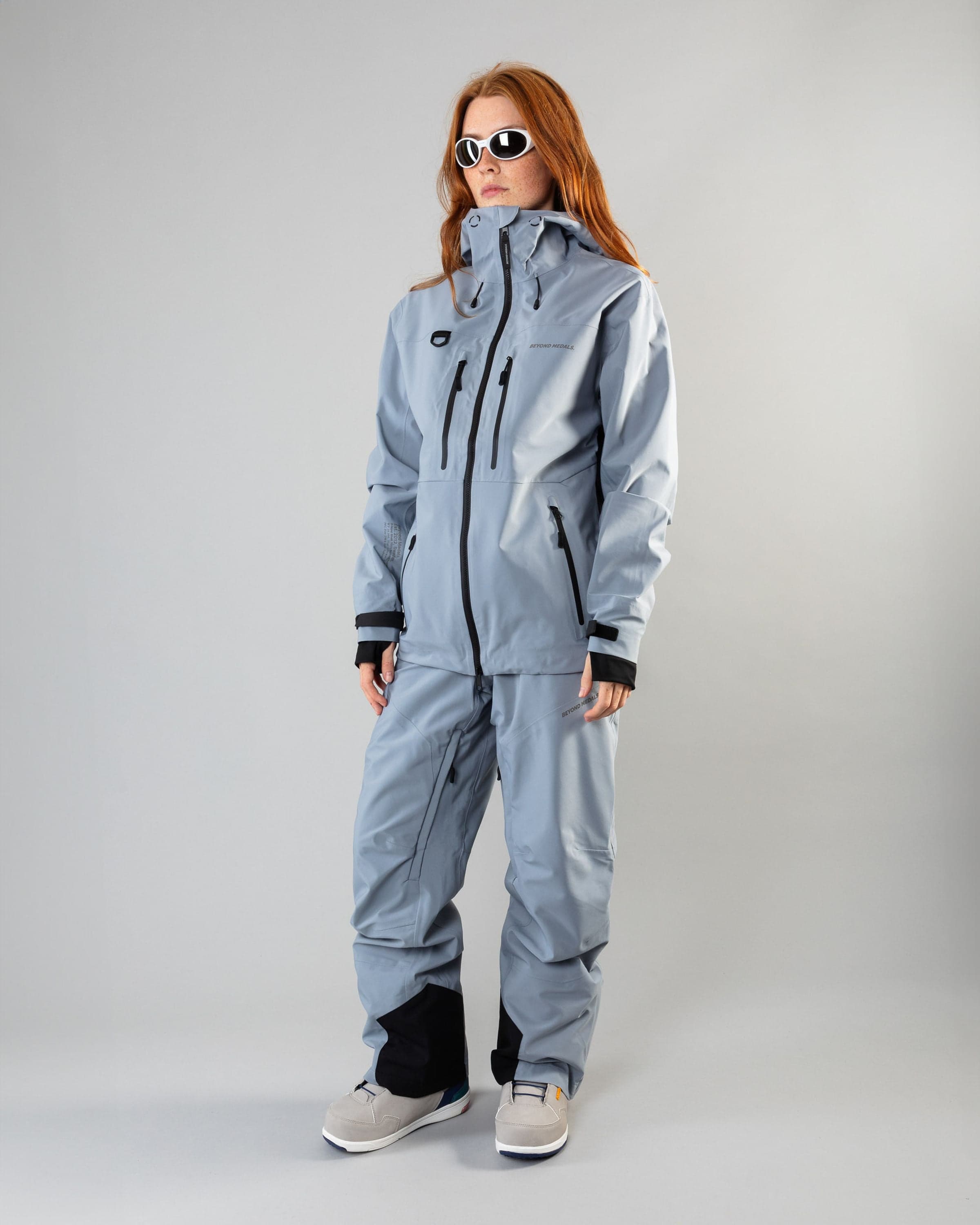 Outerwear clothing, tech bib 3l in pale blue worn by model, Beyond Medals, 2024, full kit