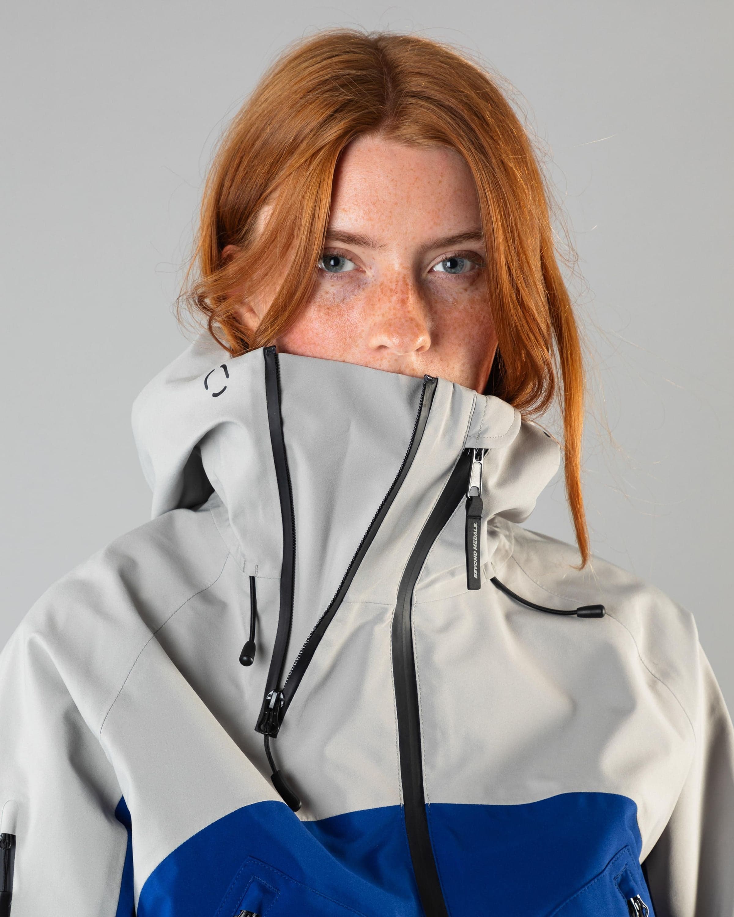 Outerwear clothing, beyond medals x nomadik jacket 3l in blue worn by model, Beyond Medals, 2024, detail2