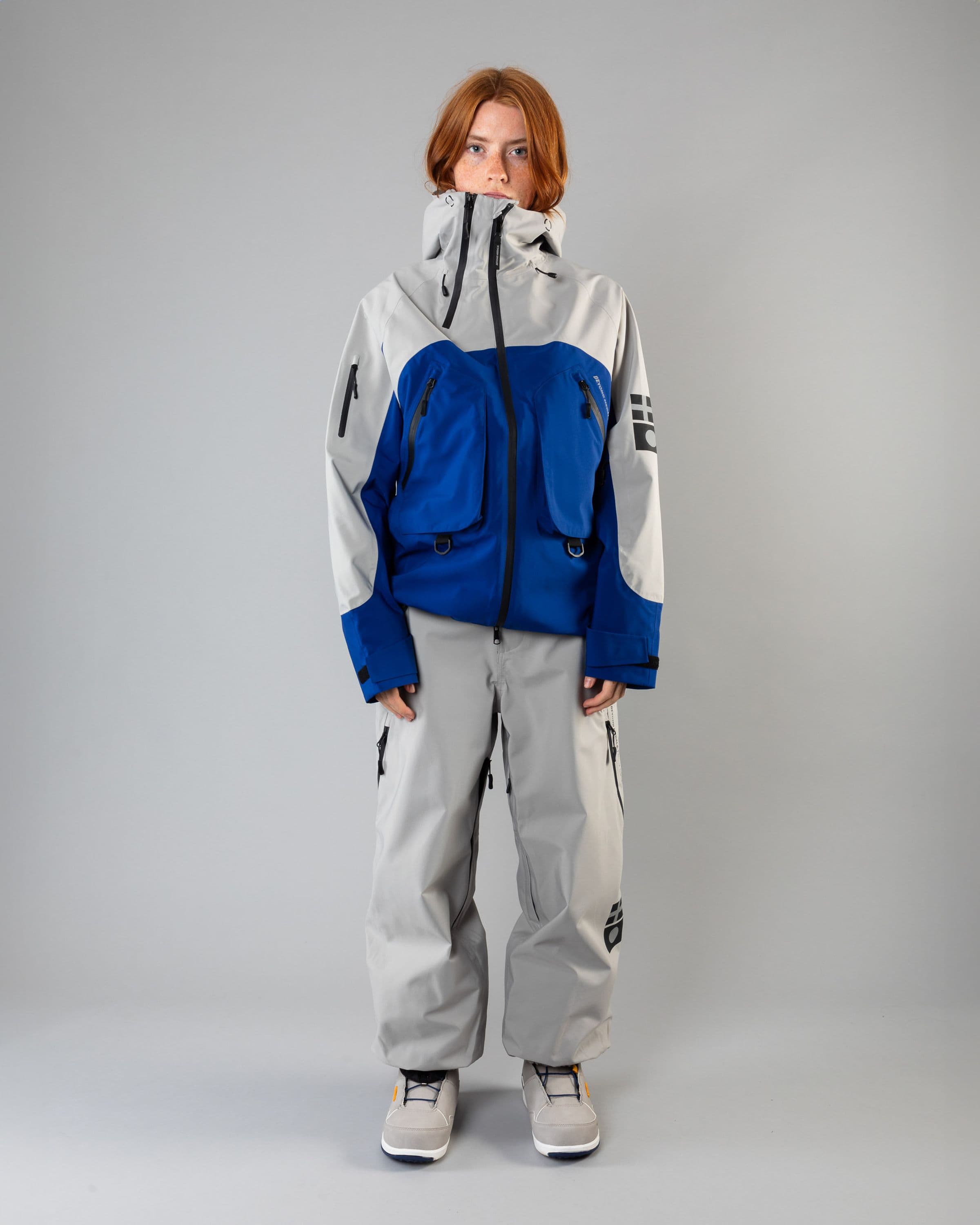 Outerwear clothing, beyond medals x nomadik jacket 3l in blue worn by model, Beyond Medals, 2024, full front