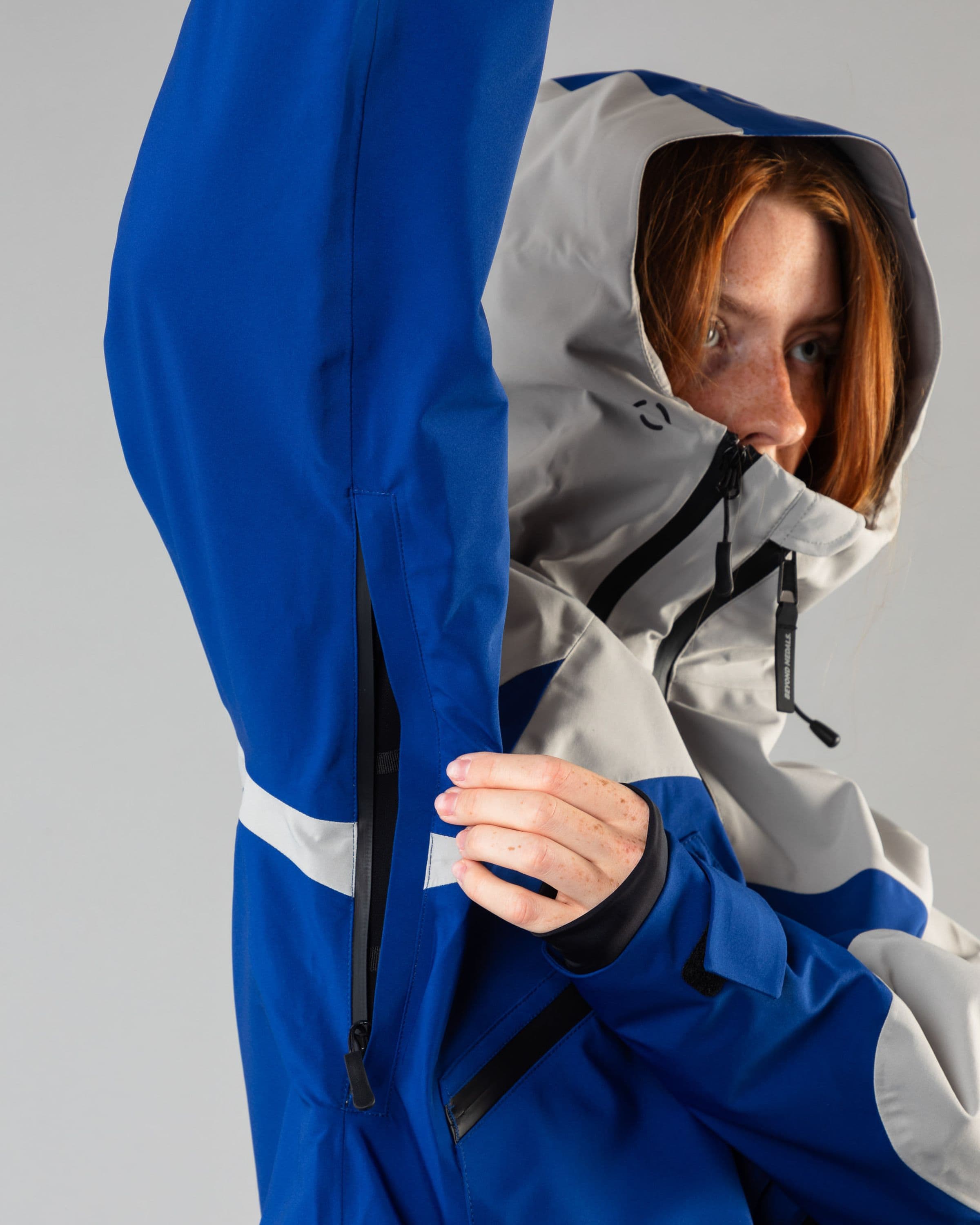 Outerwear clothing, beyond medals x nomadik jacket 3l in blue worn by model, Beyond Medals, 2024, detail1