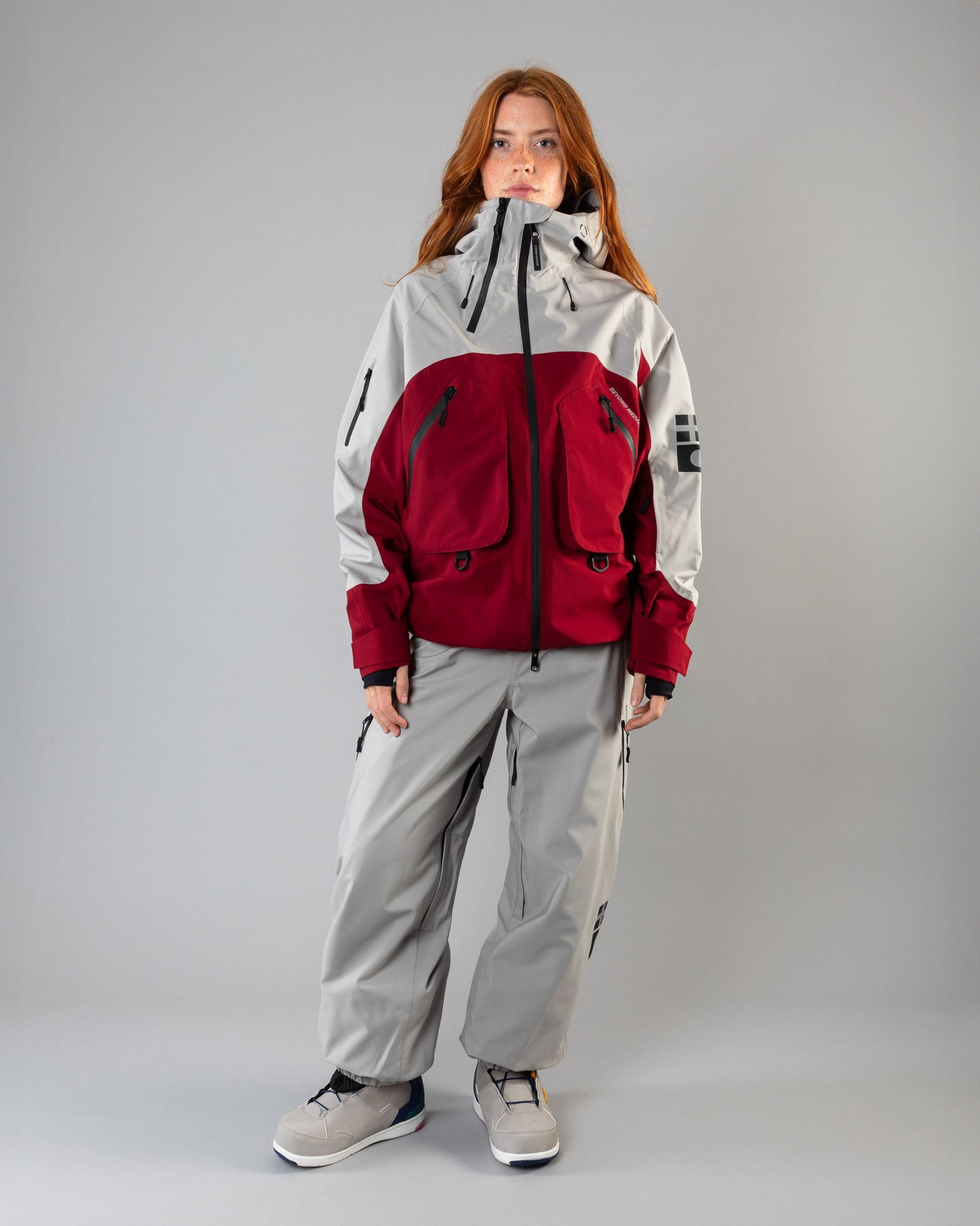 Outerwear clothing, beyond medals x nomadik jacket 3l in red worn by model, Beyond Medals, 2024, full front