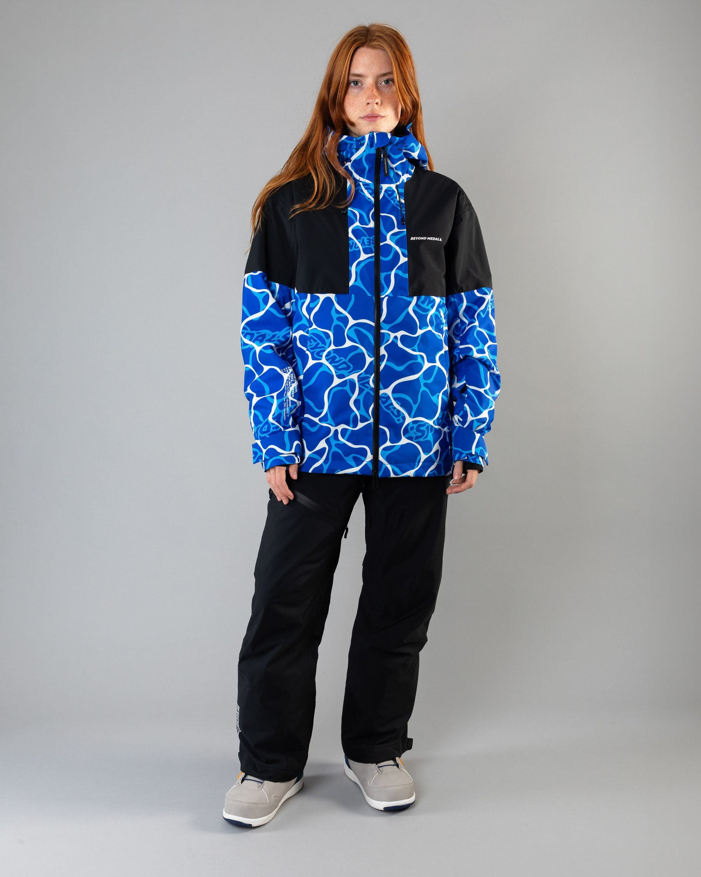 Outerwear clothing, fullzip jacket 2l in blue worn by model, Beyond Medals, 2024, full front