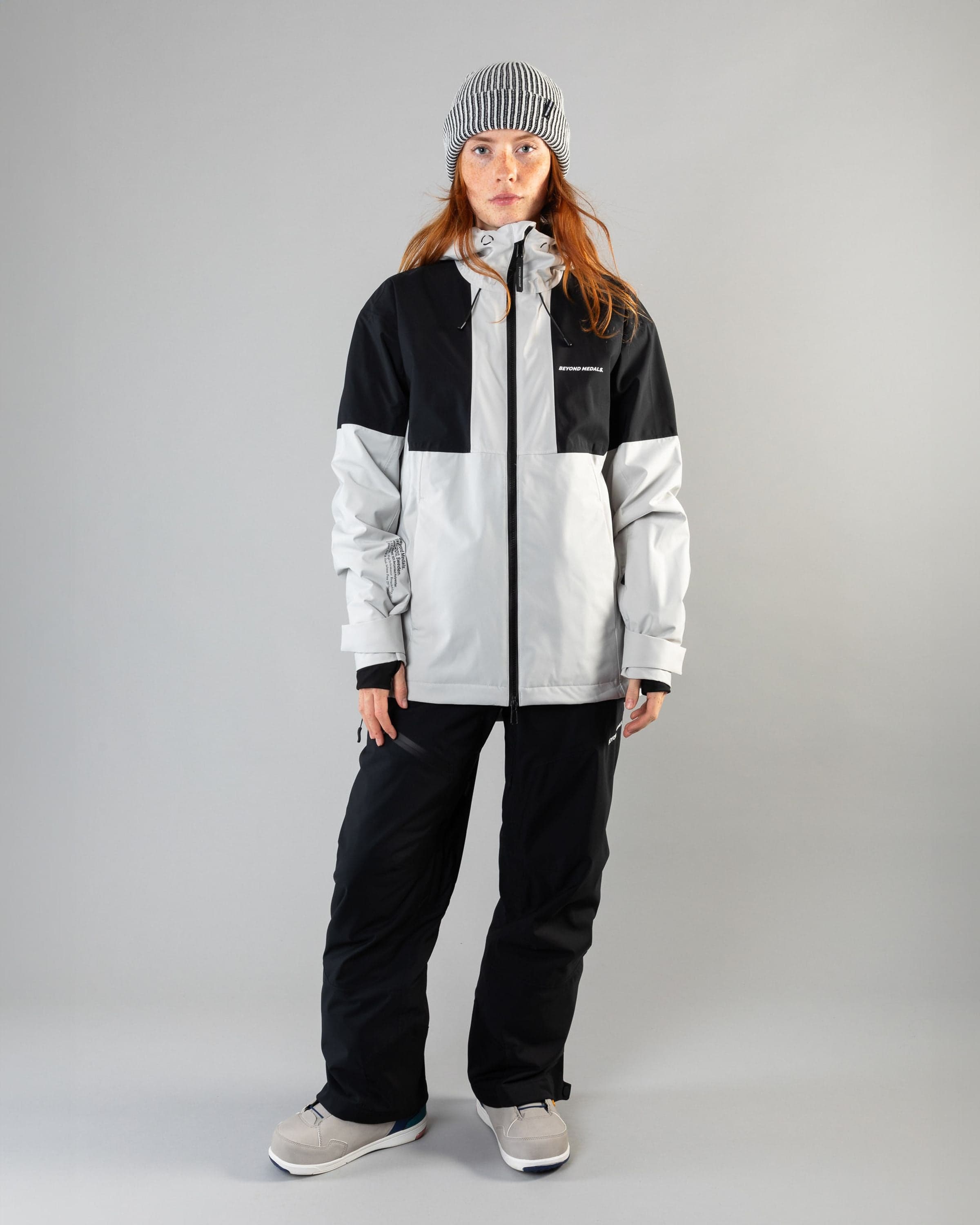 Outerwear clothing, fullzip jacket 2l in grey worn by model, Beyond Medals, 2024, full front 1