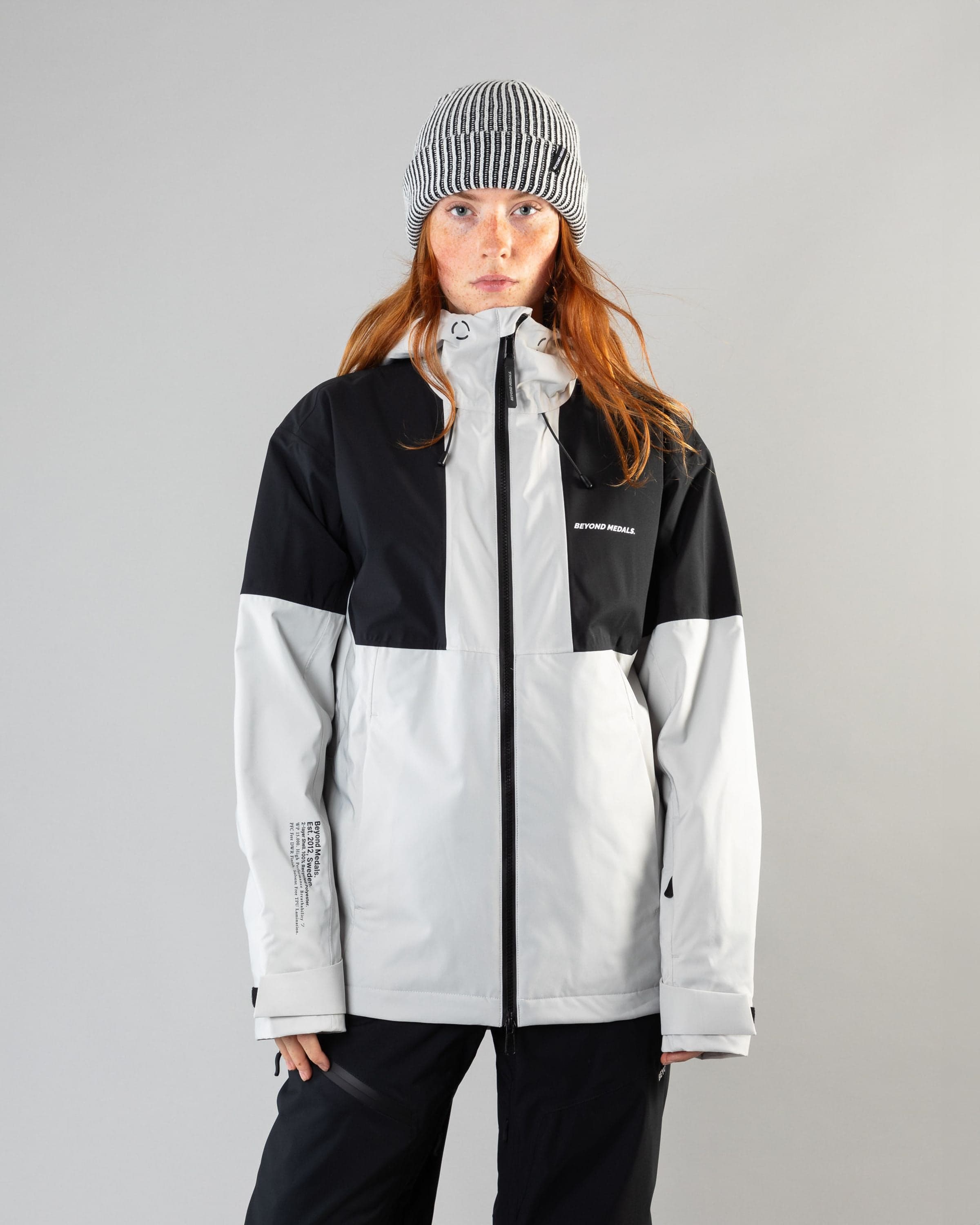 Outerwear clothing, fullzip jacket 2l in grey worn by model, Beyond Medals, 2024, front