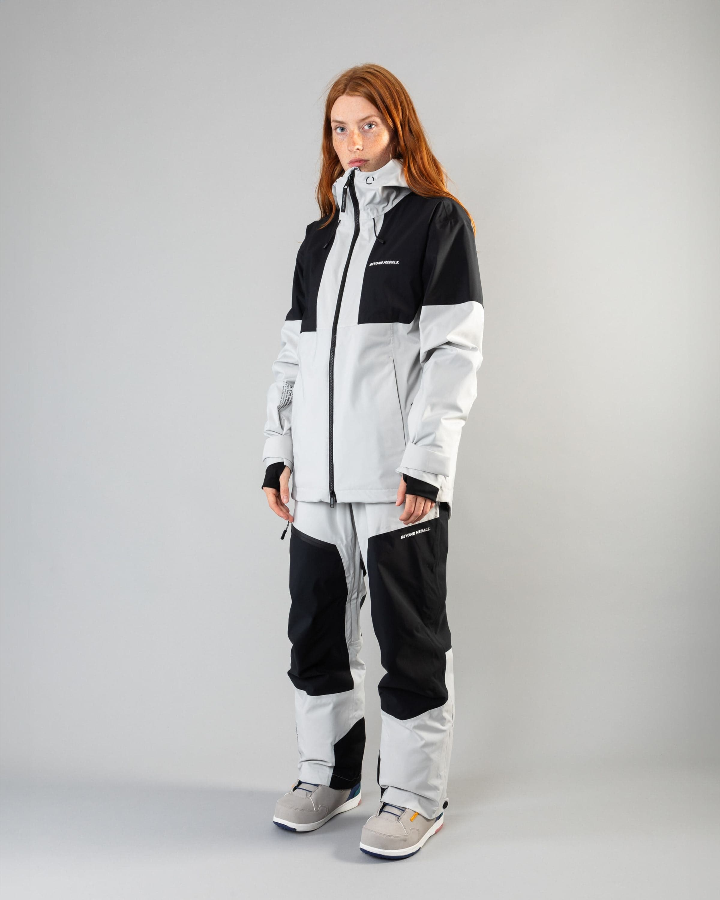 Outerwear clothing, fullzip jacket 2l in grey worn by model, Beyond Medals, 2024, full front 2