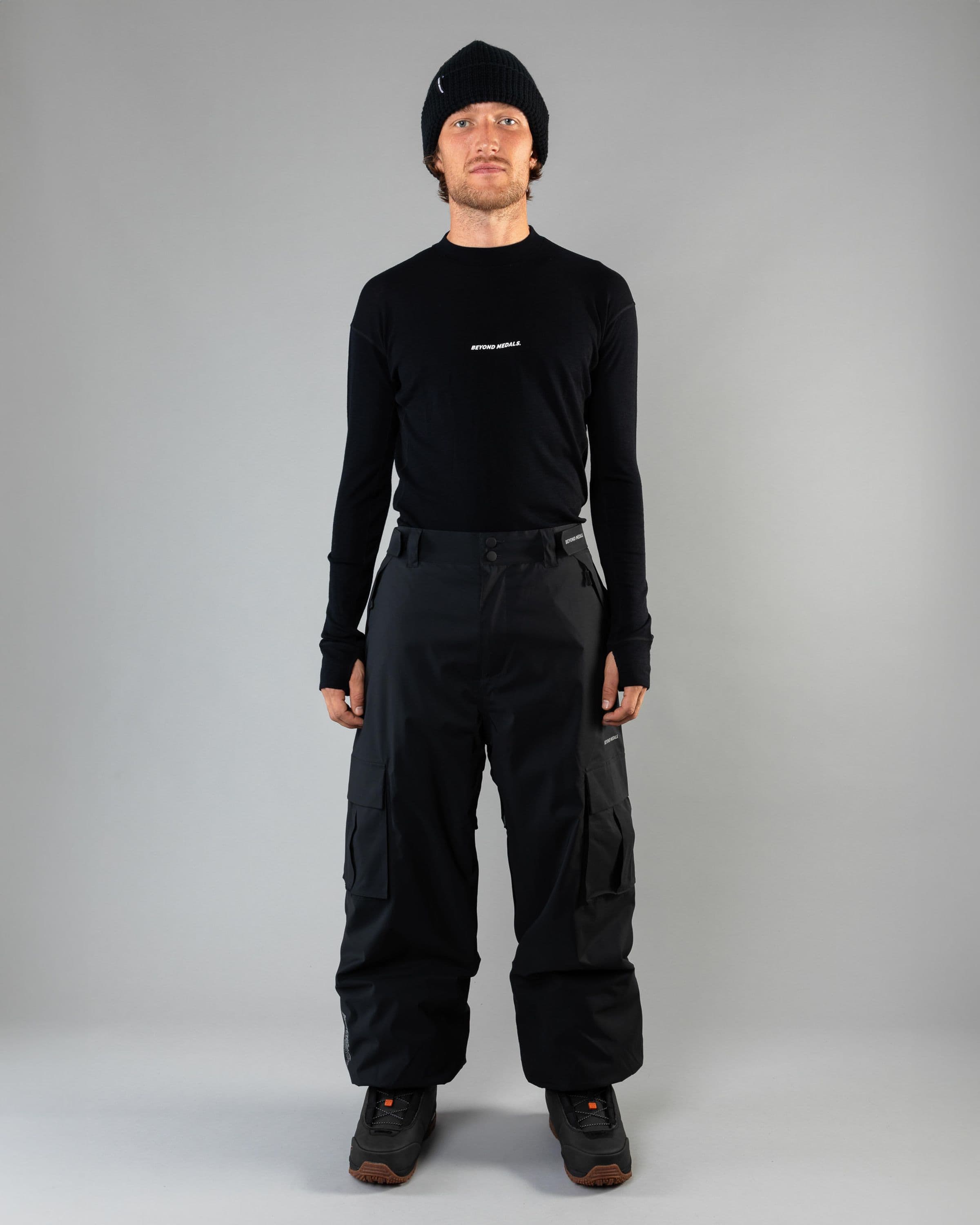 Outerwear clothing, cargo pants in black worn by LUDVIG BILLTOFT, Beyond Medals, 2024, full front