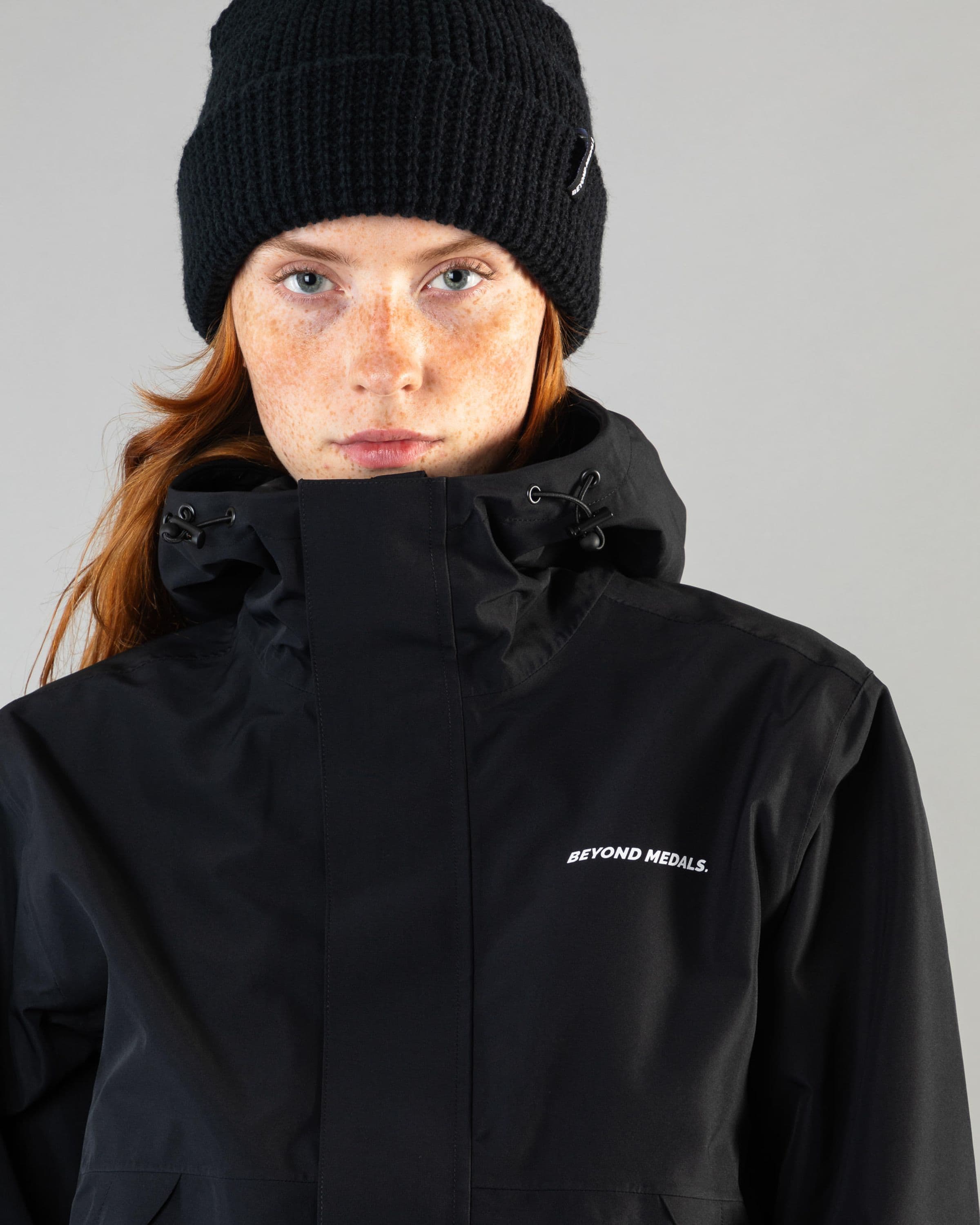 Outerwear clothing, the jacket in black worn by model, Beyond Medals, 2024, detail1