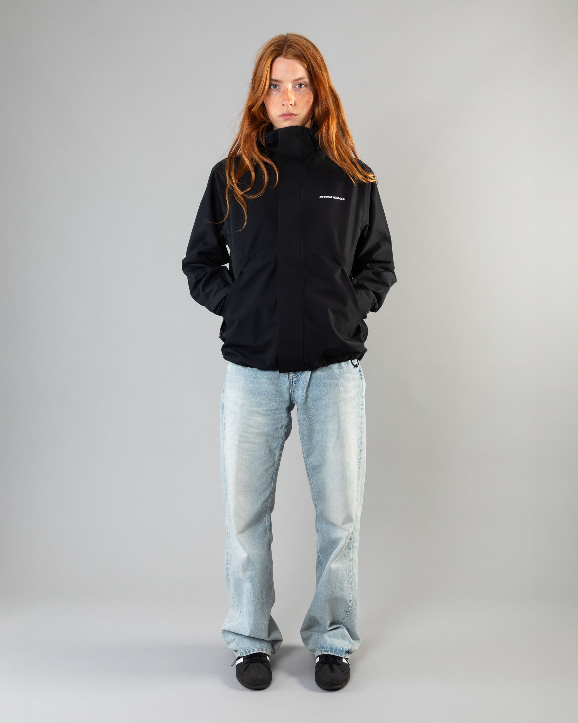 Outerwear clothing, the jacket in black worn by model, Beyond Medals, 2024,full front street