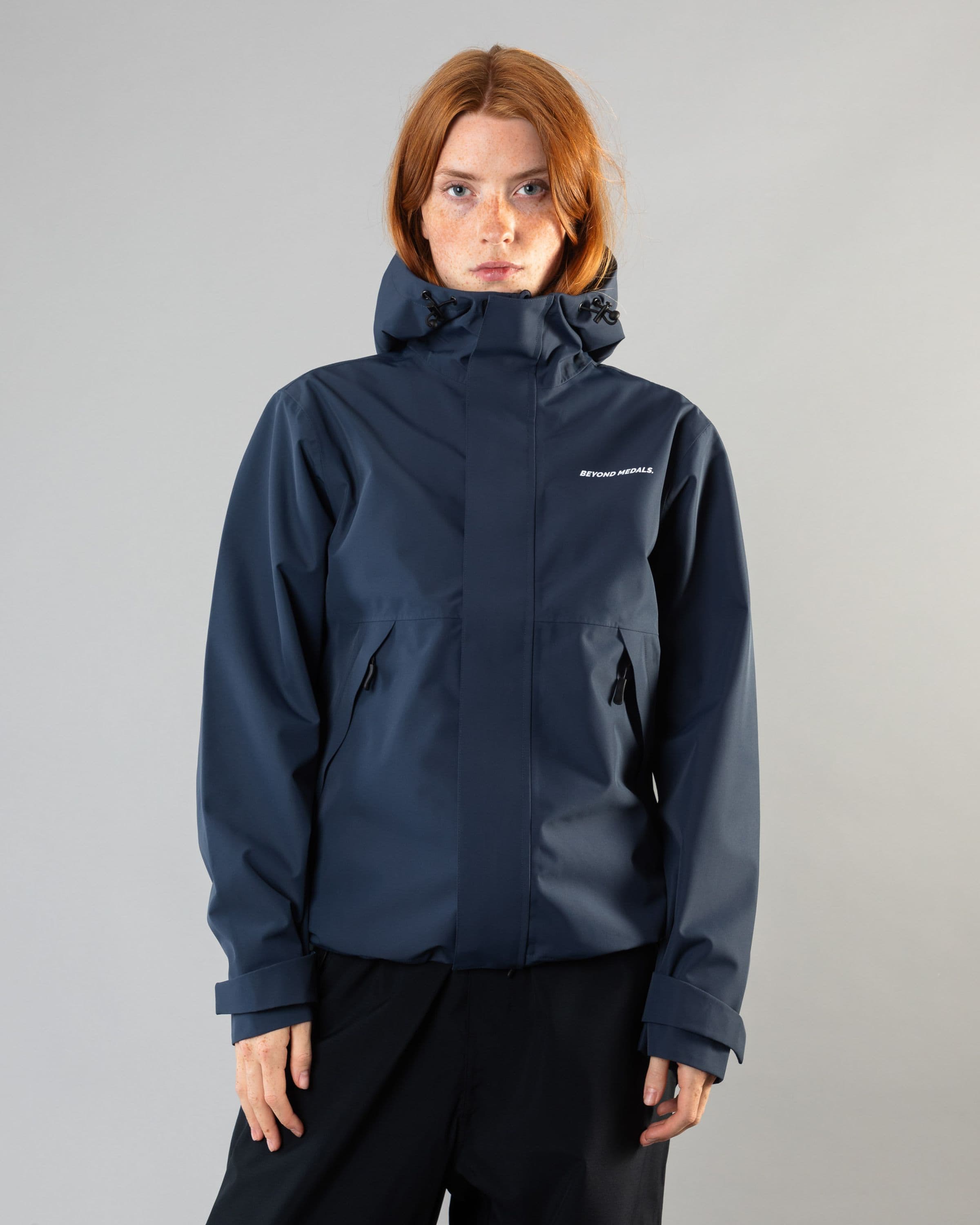 Outerwear clothing, the jacket in blue worn by model, Beyond Medals, 2024, front outer