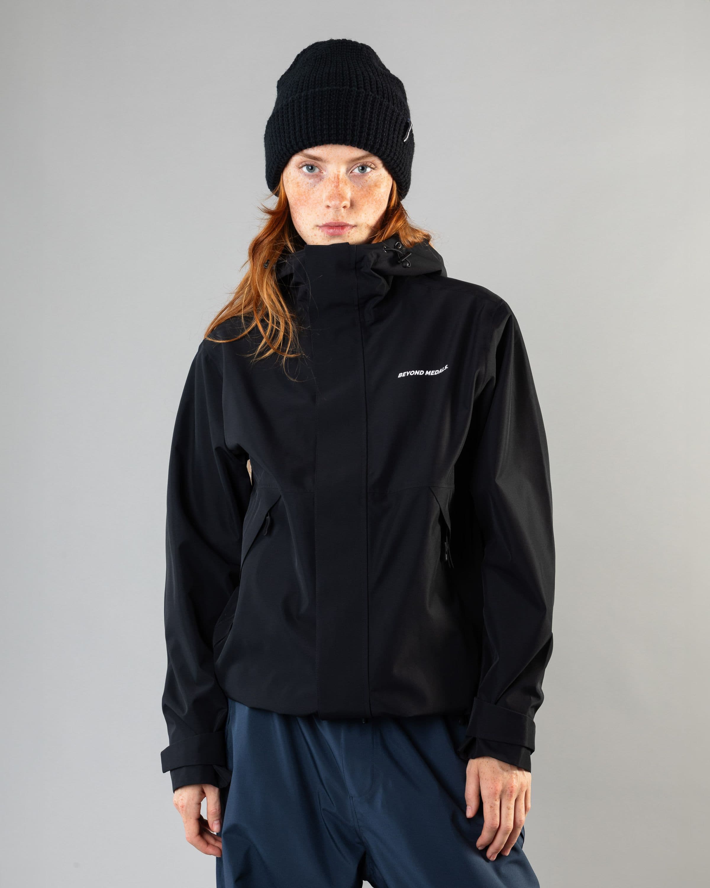 Outerwear clothing, the jacket in black worn by model, Beyond Medals, 2024, front outer1