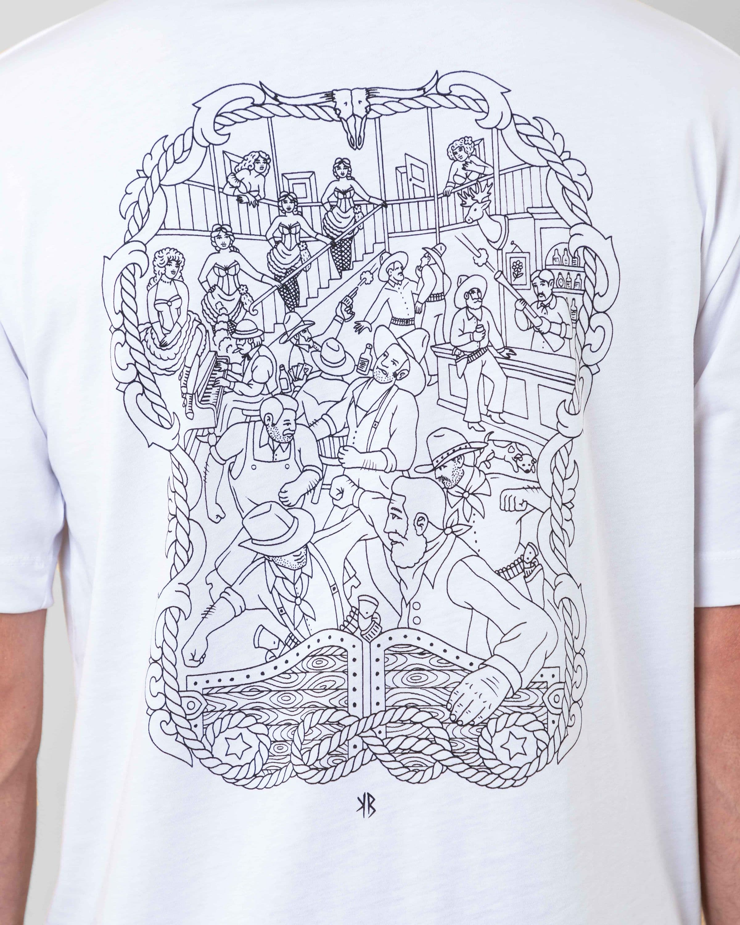 Streetwear clothing, baekkel tee in white worn by model, Beyond Medals, 2024 detail2
