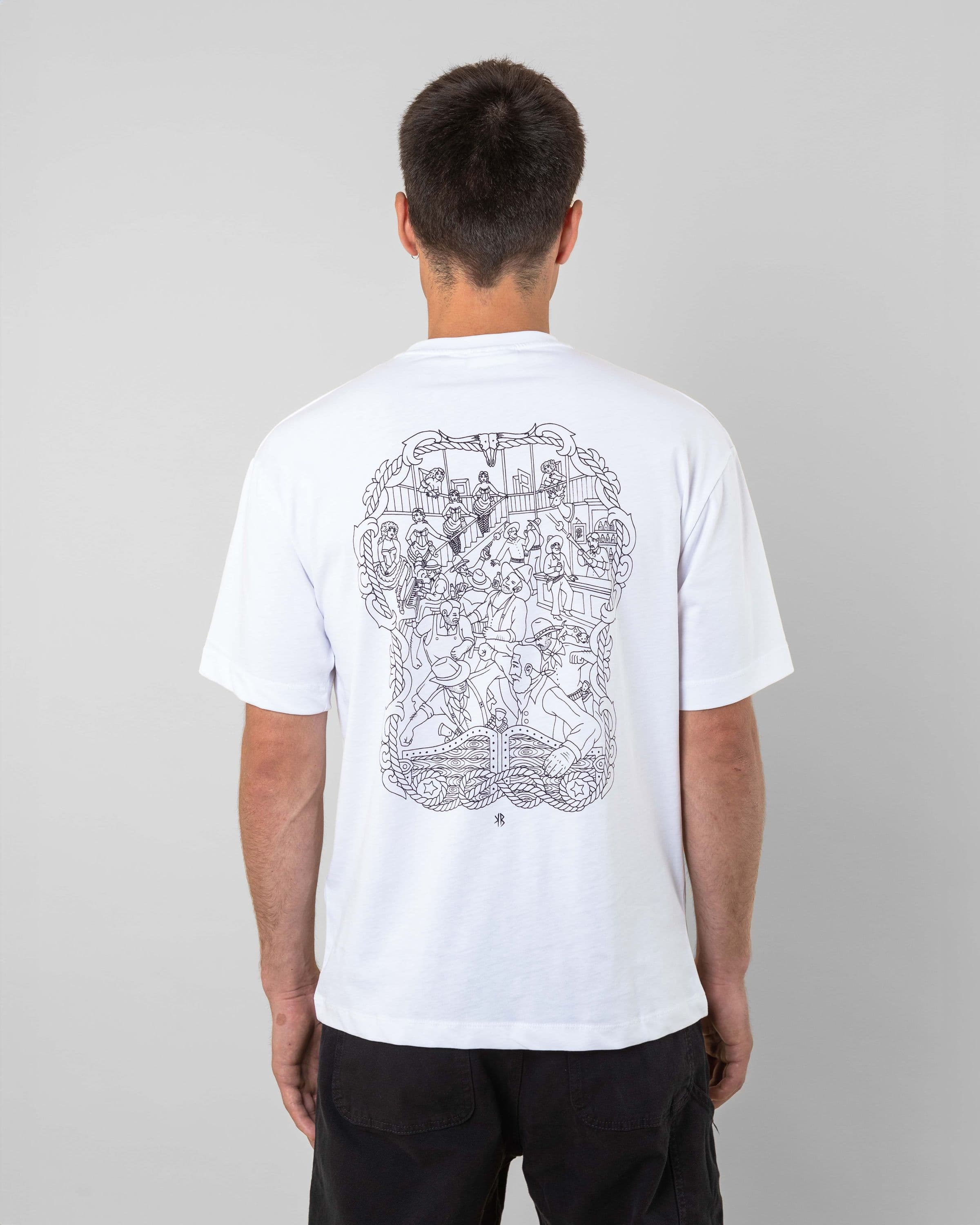 Streetwear clothing, baekkel tee in white worn by model, Beyond Medals, 2024 back2