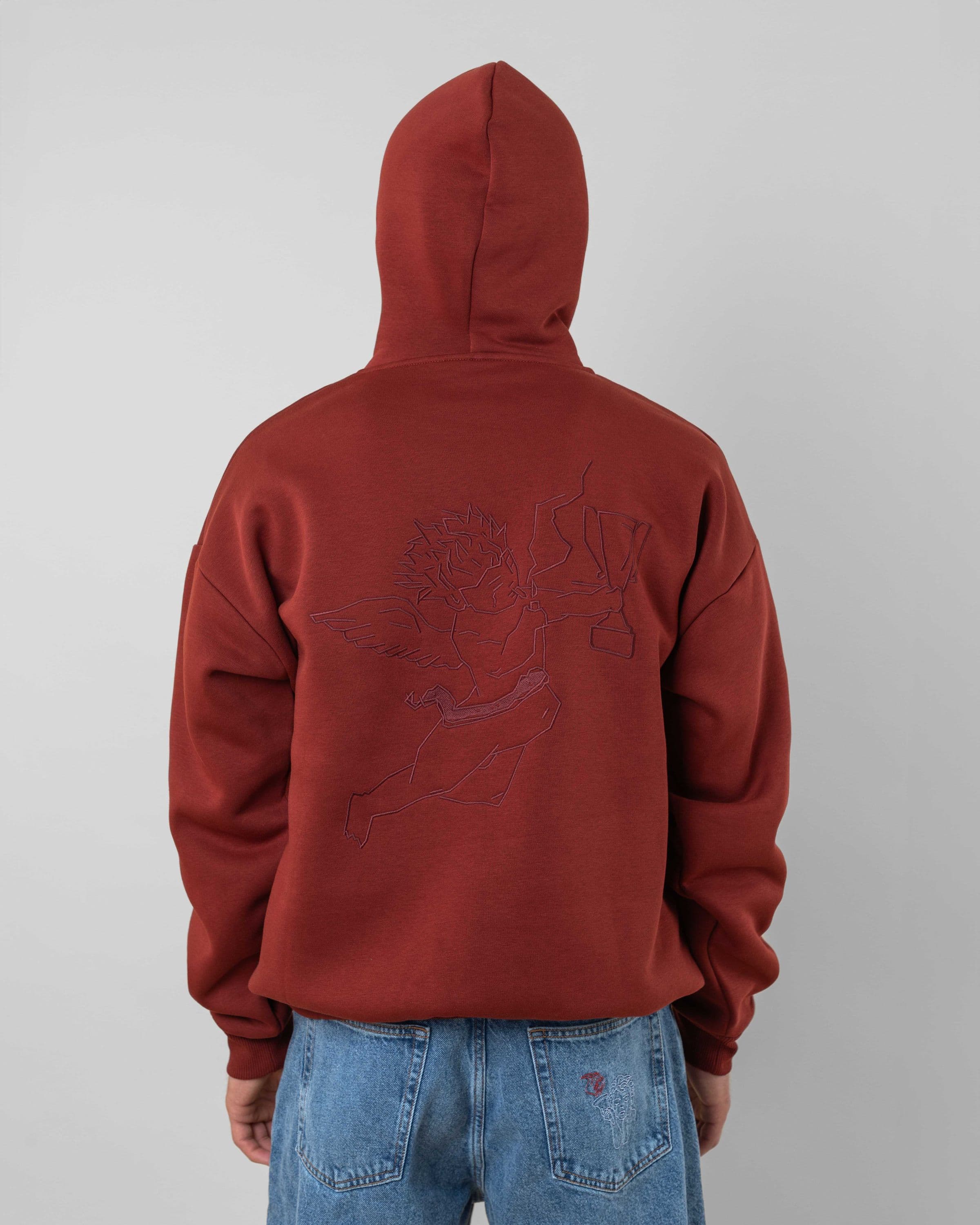 Streetwear clothing, angel hoodie 2.0 in red worn by model, Beyond Medals, 2024, back1