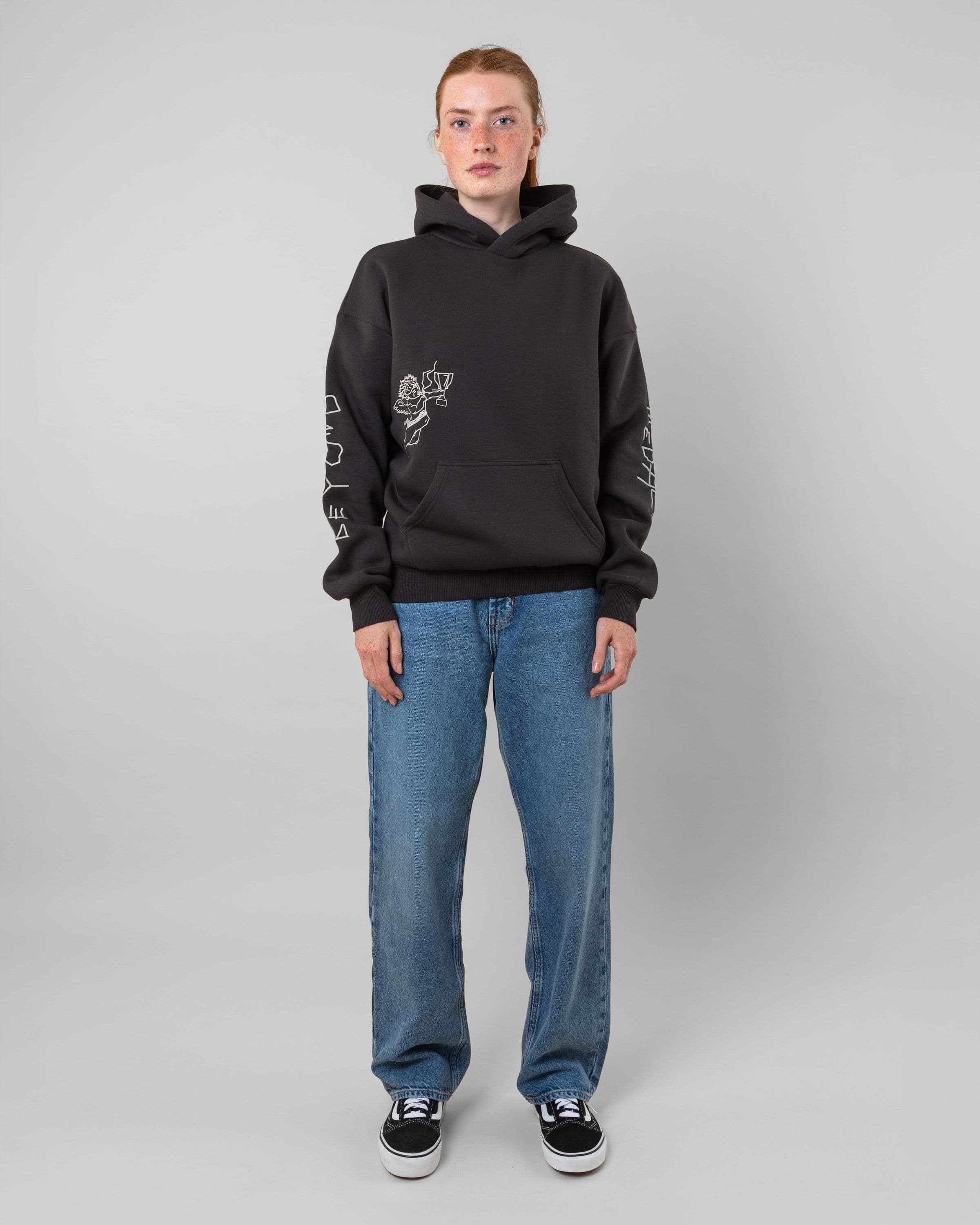 Streetwear clothing, angel hoodie 2.0 in grey worn by model, Beyond Medals, 2024, full front