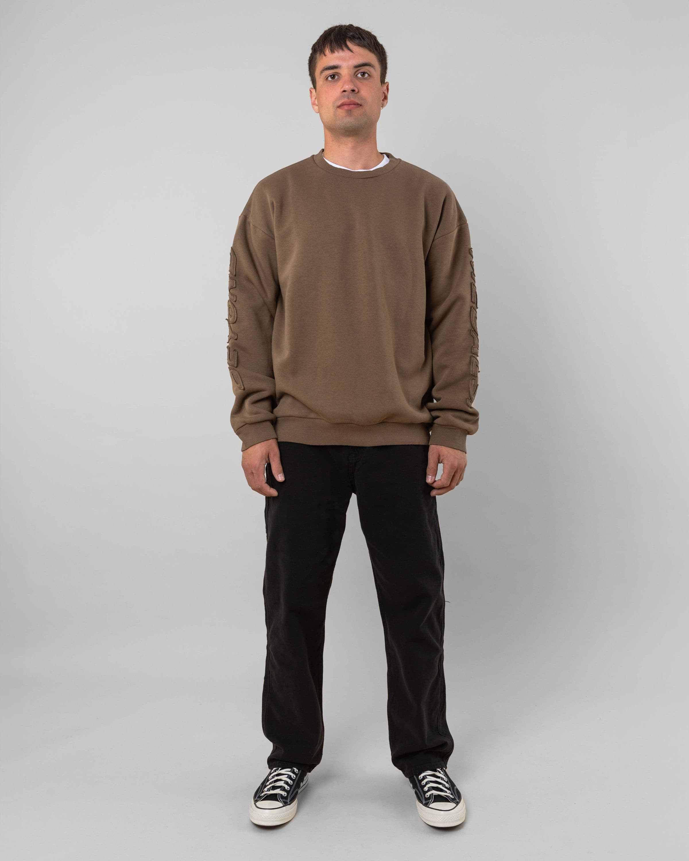 Streetwear clothing, incognito crewneck in brown worn by model, Beyond Medals, 2024, fullfront1