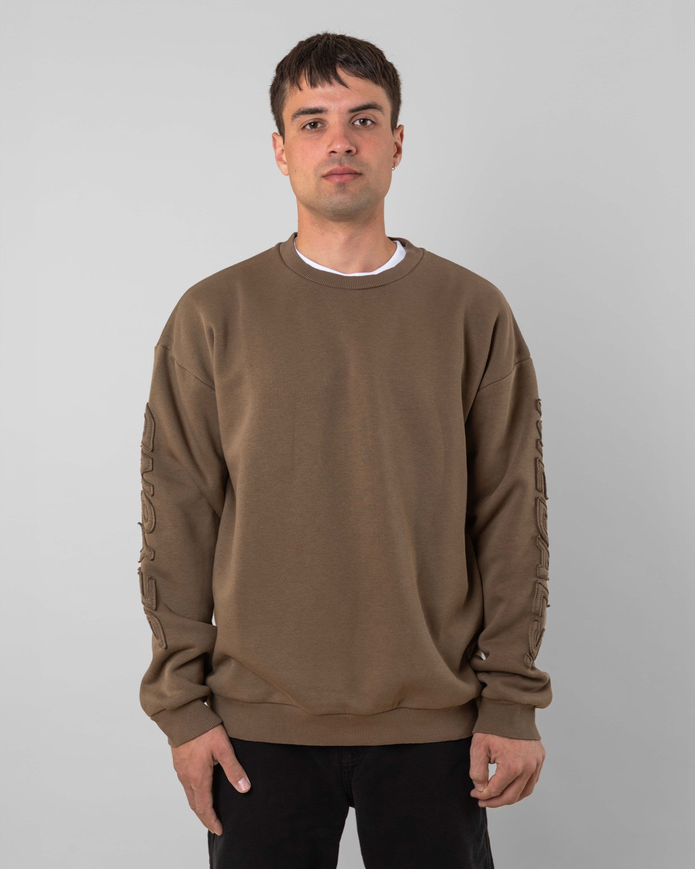 Streetwear clothing, incognito crewneck in brown worn by model, Beyond Medals, 2024, front1