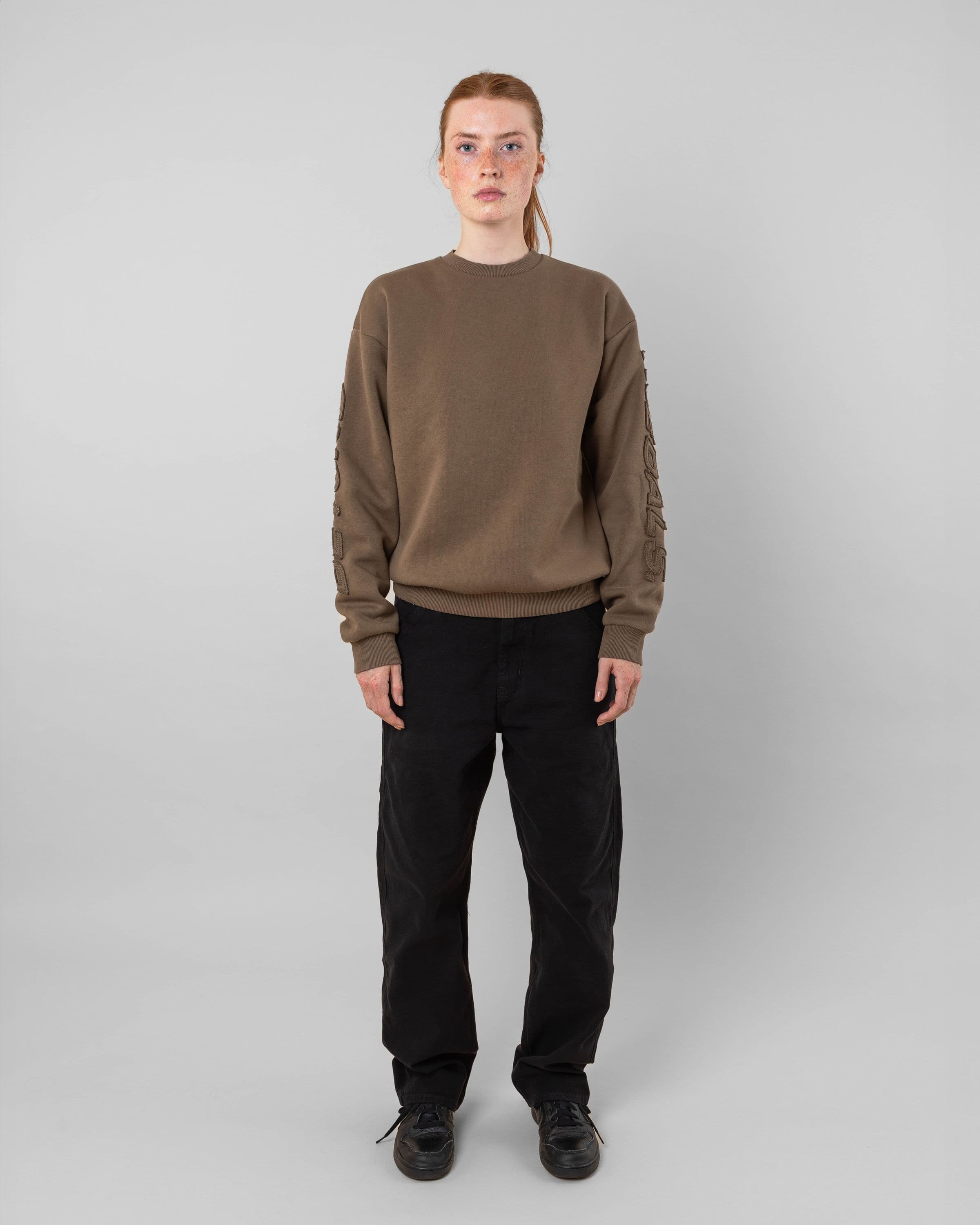 Streetwear clothing, incognito crewneck in brown worn by model, Beyond Medals, 2024, full front