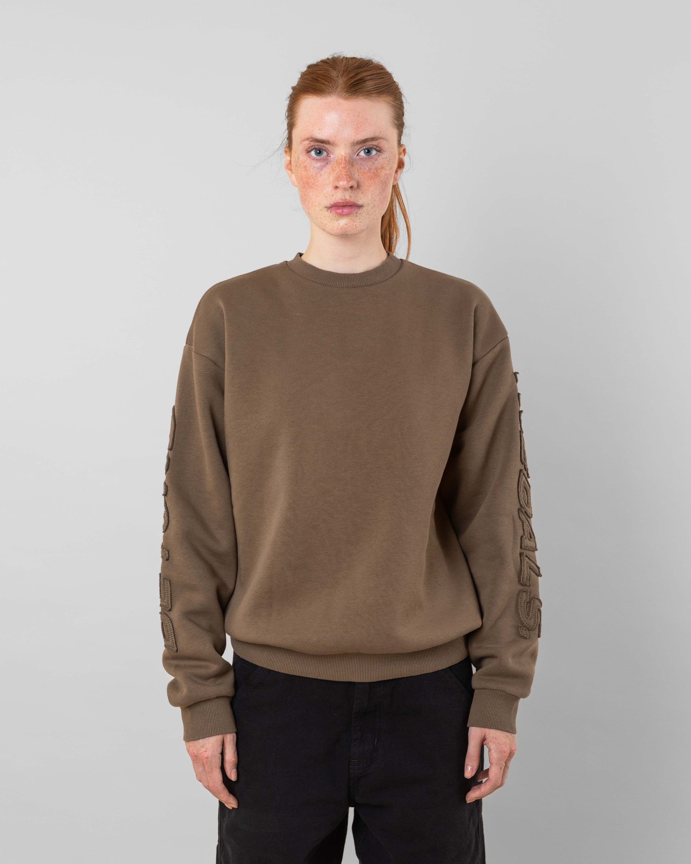 Streetwear clothing, incognito crewneck in brown worn by model, Beyond Medals, 2024, front