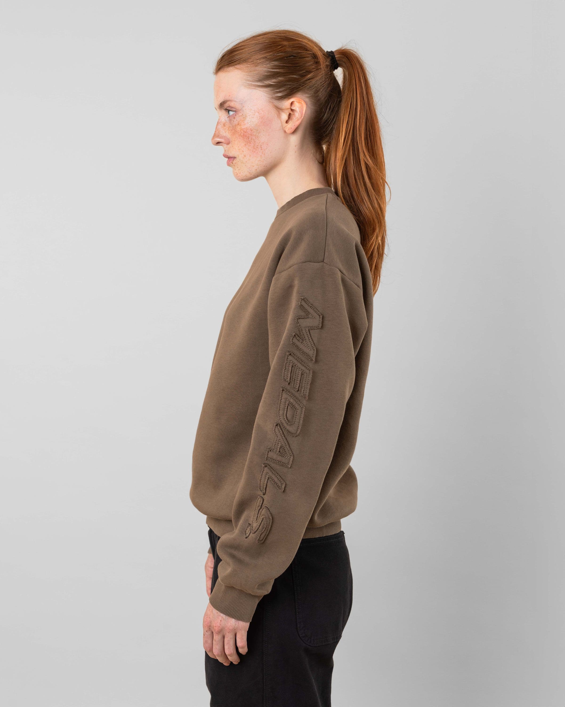 Streetwear clothing, incognito crewneck in brown worn by model, Beyond Medals, 2024, side