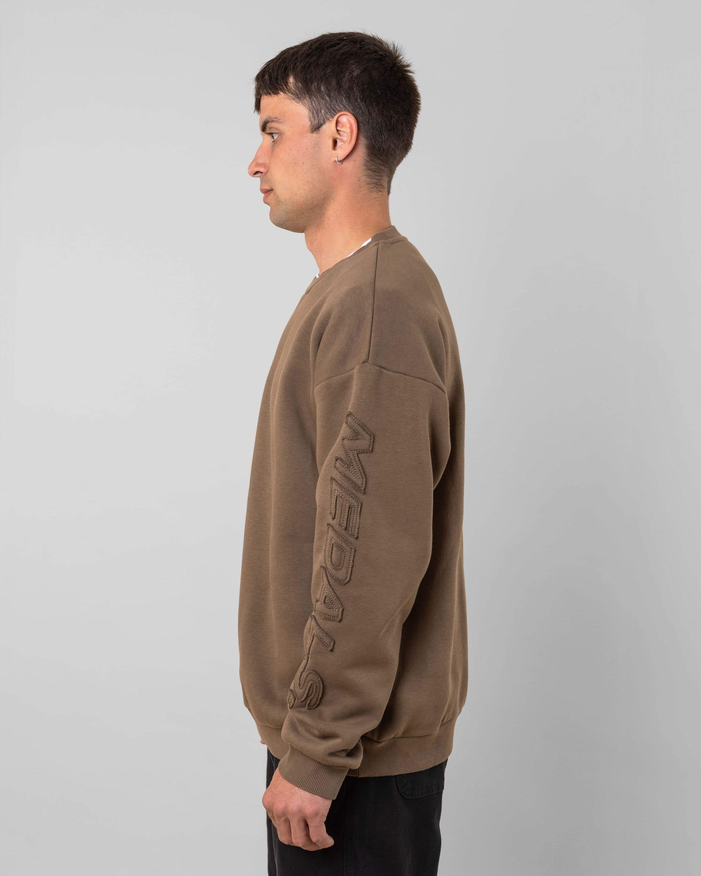 Streetwear clothing, incognito crewneck in brown worn by model, Beyond Medals, 2024, side1