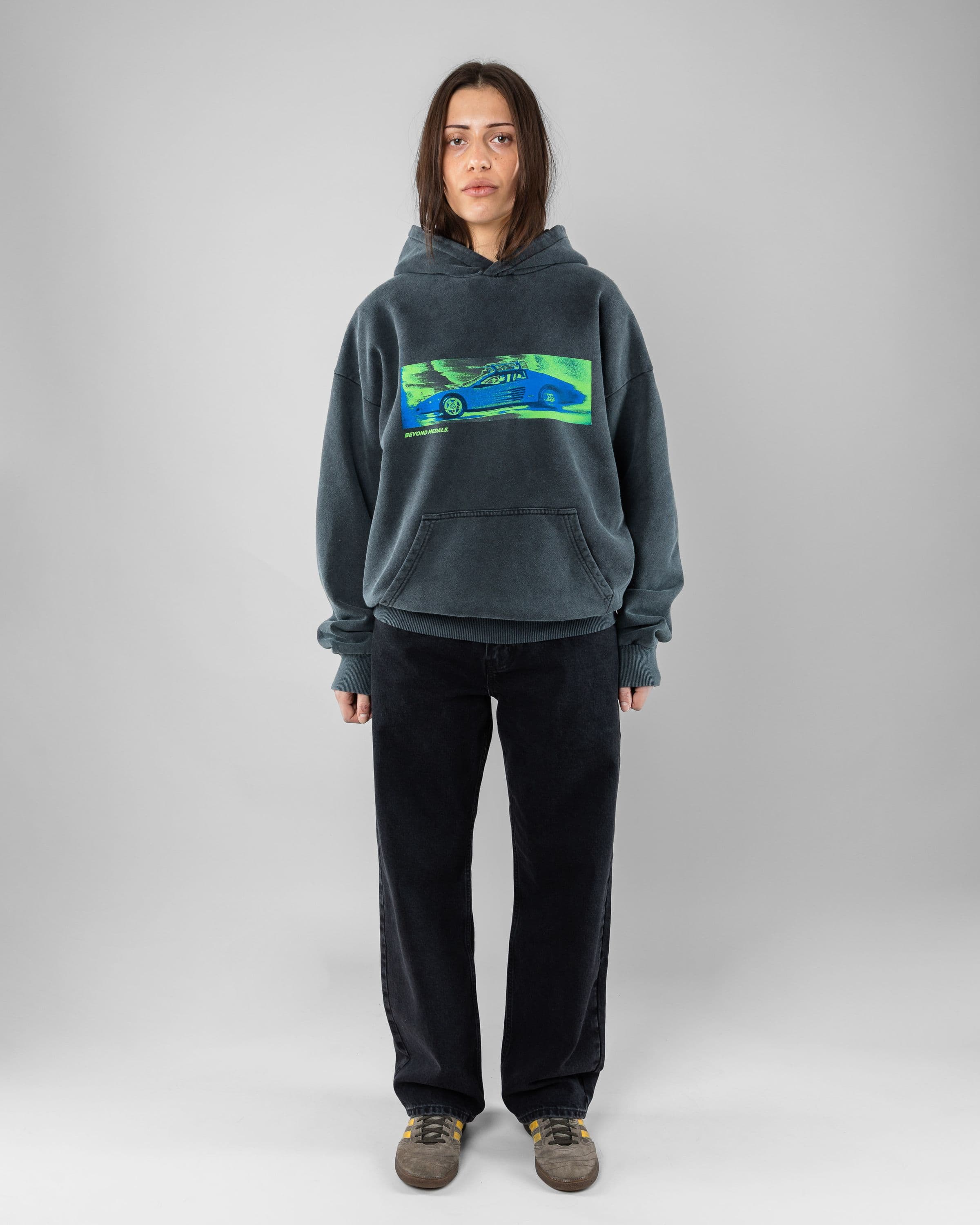 Acid Ski Hoodie Beyond Medals Snowboard & Streetwear Model image front with Saga as model