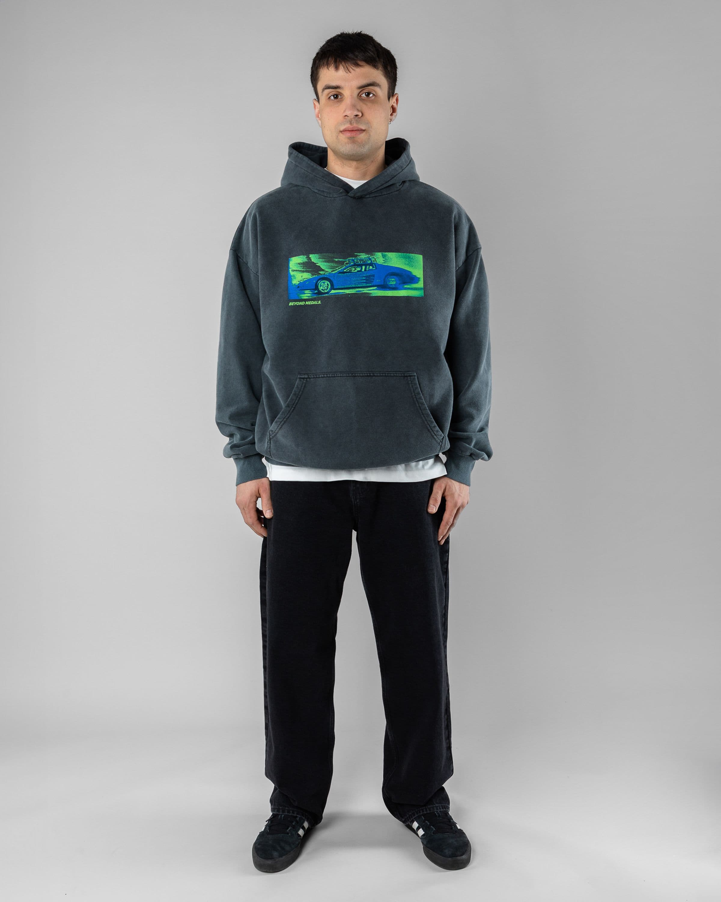 Acid Ski Hoodie Beyond Medals Snowboard & Streetwear Model image front with Magnus as model